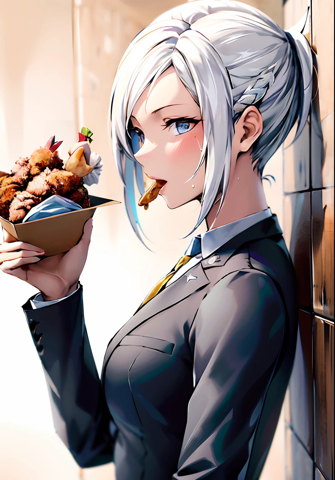top-quality、Kentucky Box(1:6)、Full-length images of the highest quality、Highly detailed anime super detail、masterpiece、tre anatomically correct、Detailed hand、(Eat fried chicken:1.6)、8K、I love my tides、Upper line、High School Uniform、Have Kentucky、Sweat profusely、Delicious looking face、Moisturizing skin、(Kentucky Box:1.3)、Detail Eye、NSFW、Lustrous hair、、Frontal view、