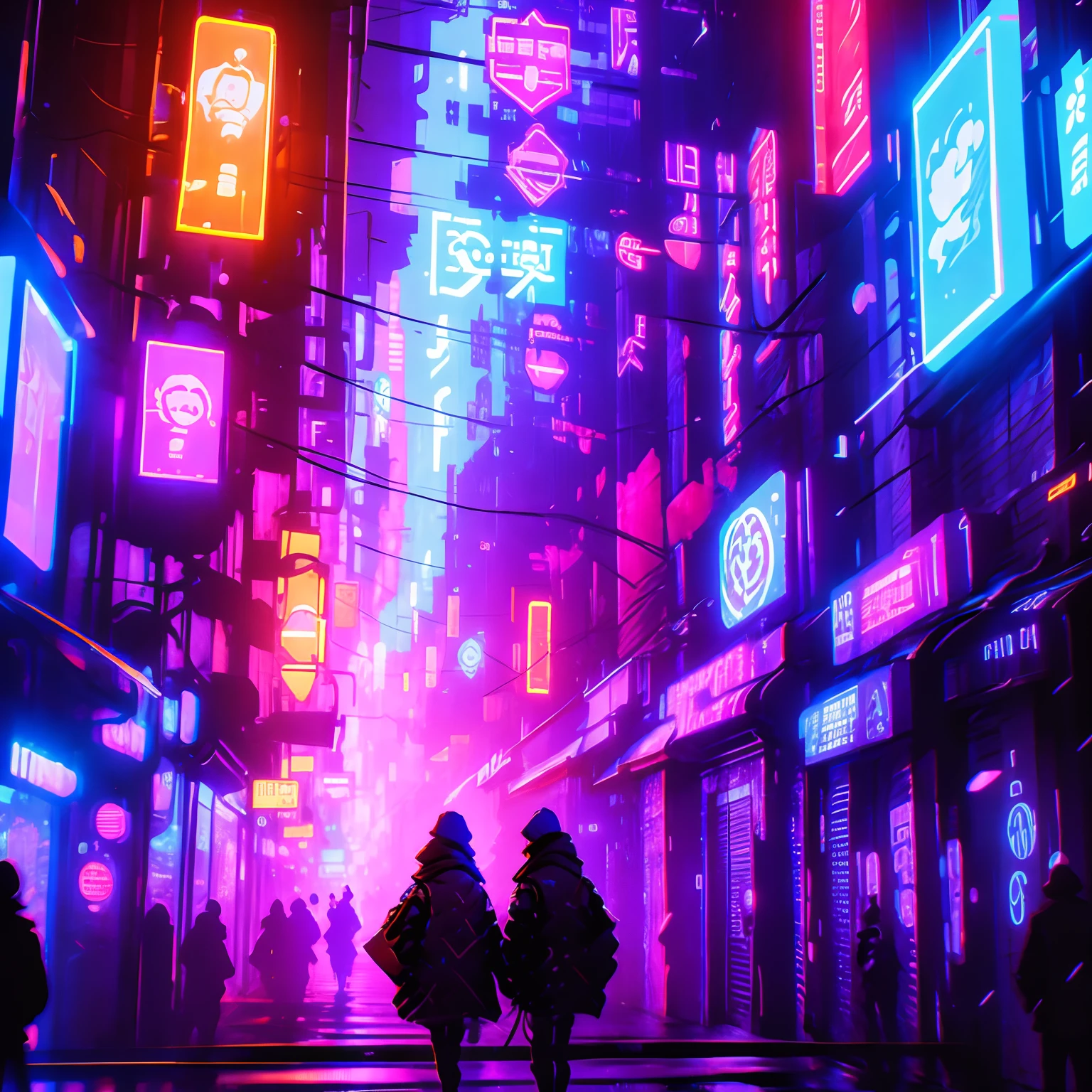 buildings, neon lights, people walking