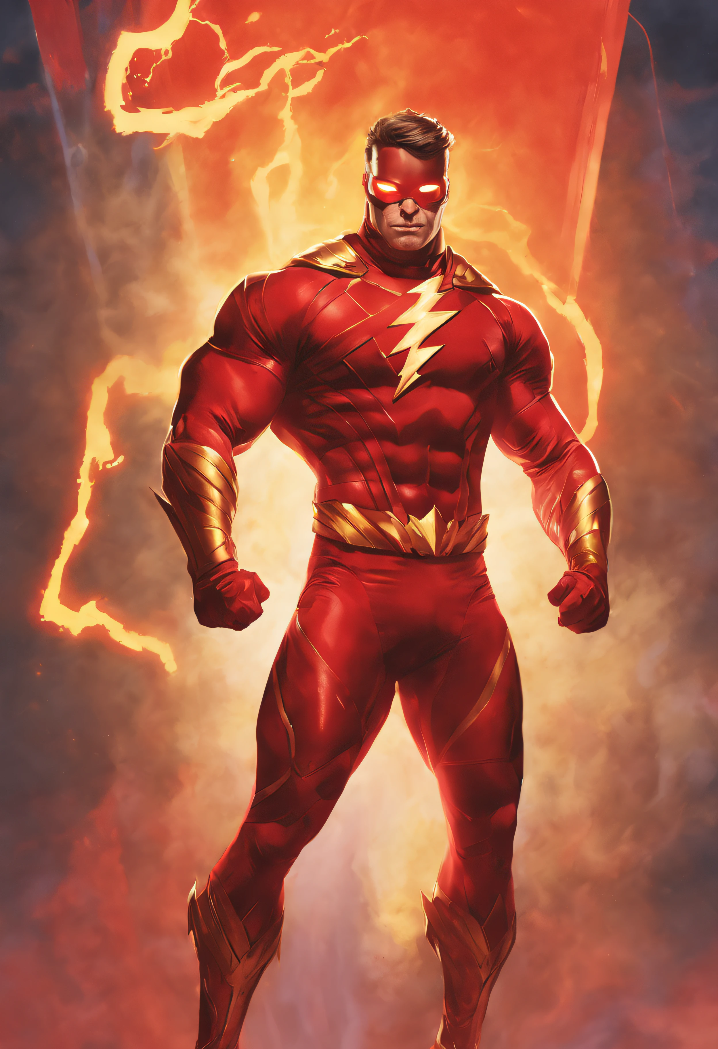 Rapidfire, An extremely muscular Caucasian superhero, wearing a red skintight, formfitting spandex cowl, a red skintight, formfitting spandex full body bodysuit, a utility belt, red gloves, gold wrist gauntlets, gold knee-high boots, with red and gold lightning bolts coming off of him as he runs though a dark, neon lit universe,