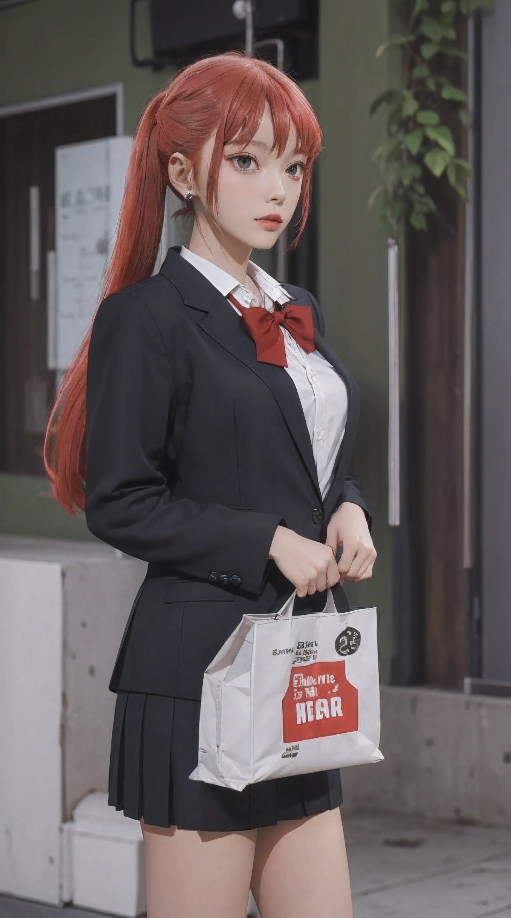 ayasakairemi, 1girl, high school girl, teenager, twintails, red hair, red eyes, perfect body, perfect breasts, wearing a white formal shirt, black blazer, black trousers, carrying a bag, wearing a watch, wearing earrings, in front general, creatures in tokyo city, being on the street, looking at the viewer, a slight smile, realism, masterpiece, textured skin, super detailed, high detail, high quality, best quality, 1080p, 16k