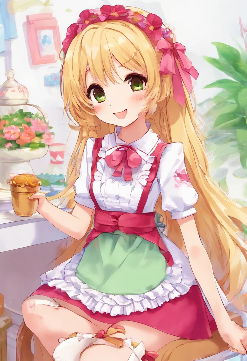 1 girl, indoors, kitchen, holding plate,
 <lora:Harvest_Moon_Hero_of_Leaf_Valley_-_Katie:0.6> holvkatie, orange hair, long hair, drill hair, curly hair, blue eyes, hair flower, pink hairband,
pink shirt, shirt over dress, pink dress, floral pattern, frills, long sleeves,