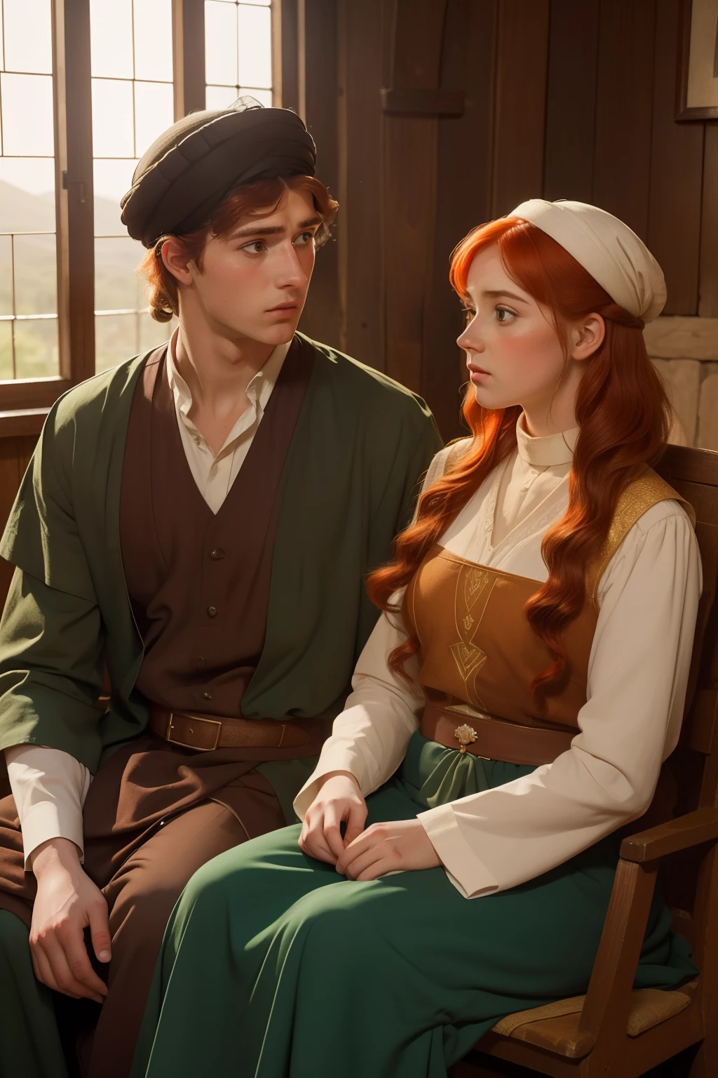 Year: 11th century. Location: Gusheh. Pre-raphaelite scene with a 22-year-old (english man), with a redhead woman, ((love)) ((sad)), in a cabin, looking into each other eyes, wedding vows, ((((11th century qamis)))) ((11th century hairstyle)), (((cinematic style)))