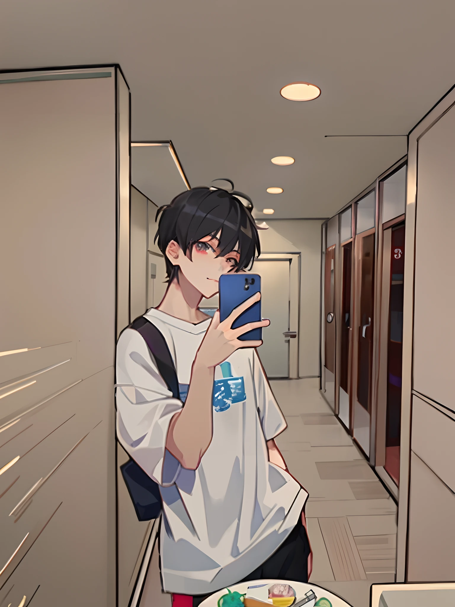 anime boy taking a selfie in a hallway with a plate of food, in an anime style, inspired by Bian Shoumin, anime moe artstyle, high quality anime artstyle, in anime style, young anime man, anime aesthetic, artwork in the style of guweiz, looking at his phone, handsome anime pose, anime style only, anime style 4 k