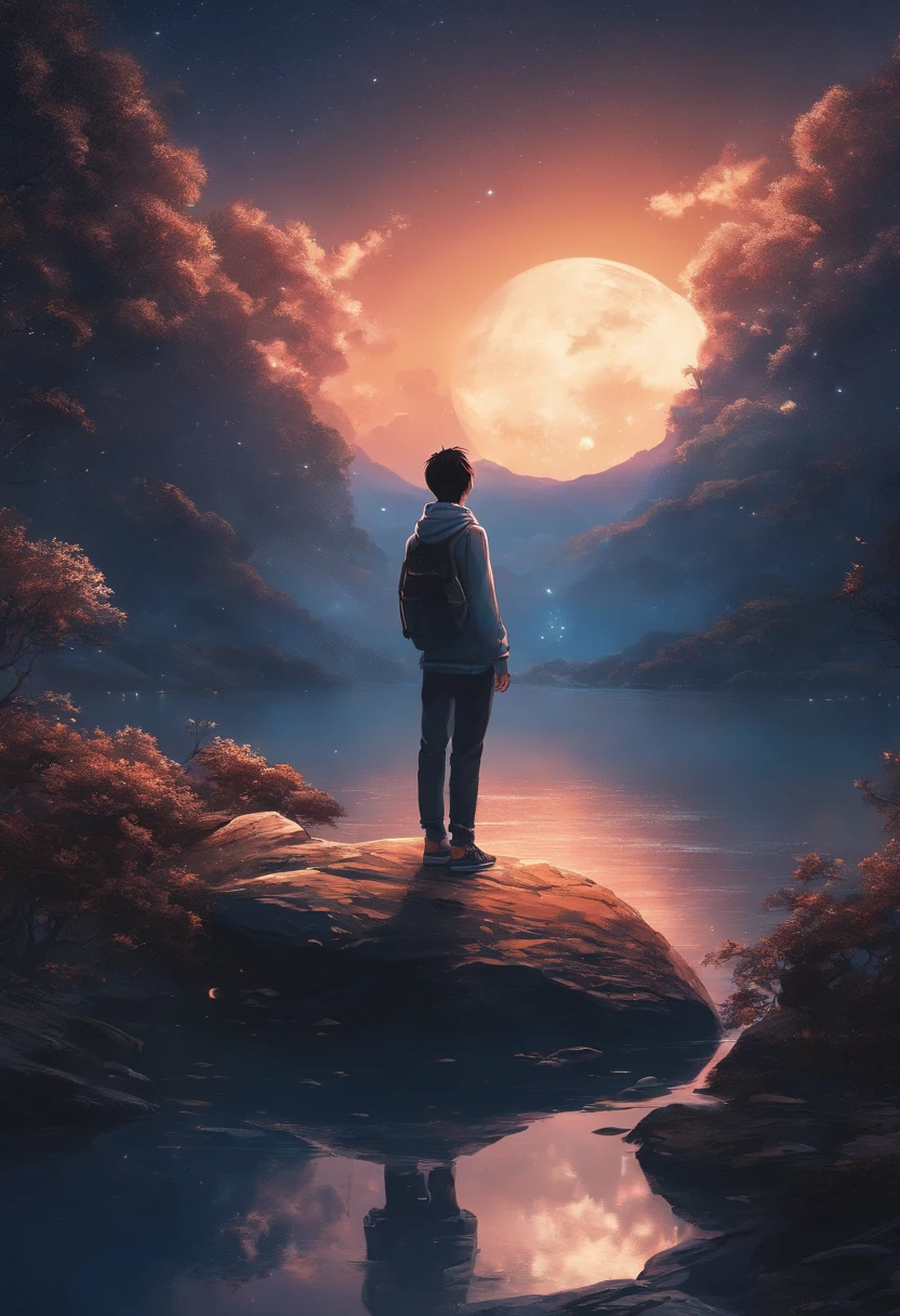 Anime boy standing on a rock looking at the starry sky, makoto shinkai cyril rolando, anime art wallpaper 4k, anime art wallpaper 4k, Anime art wallpaper 8k, cosmic sky. by makoto shinkai, inspired by Cyril Rolando, in the style dan mumford artwork, amazing wallpapers, by Yuumei, White hair