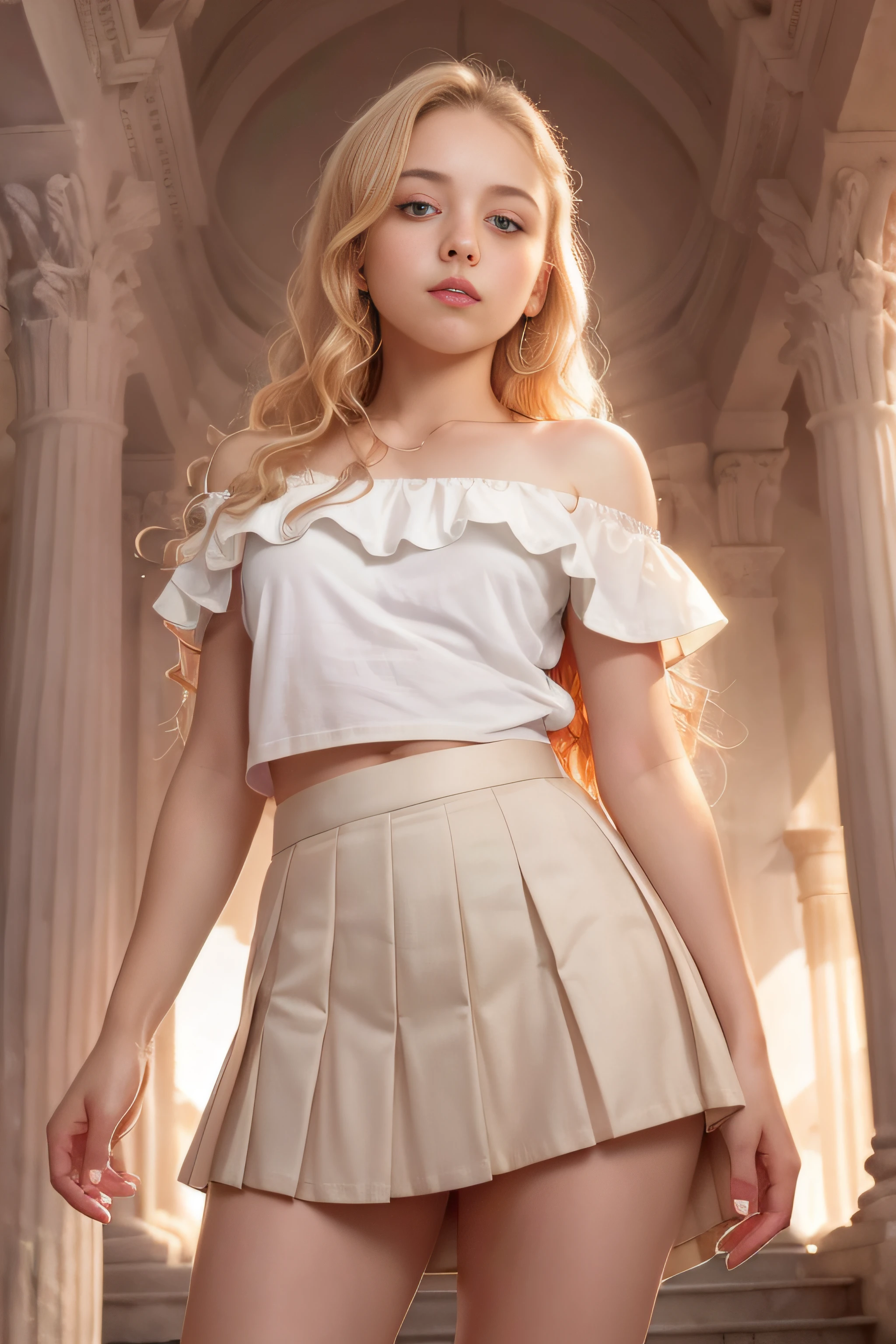 ((European -tee beautiful girl, off-the-shoulder t-shirt, tiny pleated skirt, no panties, close-up from thighs to face, shot from below, very fair skin, very long hair, wavy hair, blonde hair, temple ancient, sunrise, photorealistic, indirect lighting, volumetric light, ray tracing, hyper-detailed, best quality, ultra-high resolution, HDR, 8k