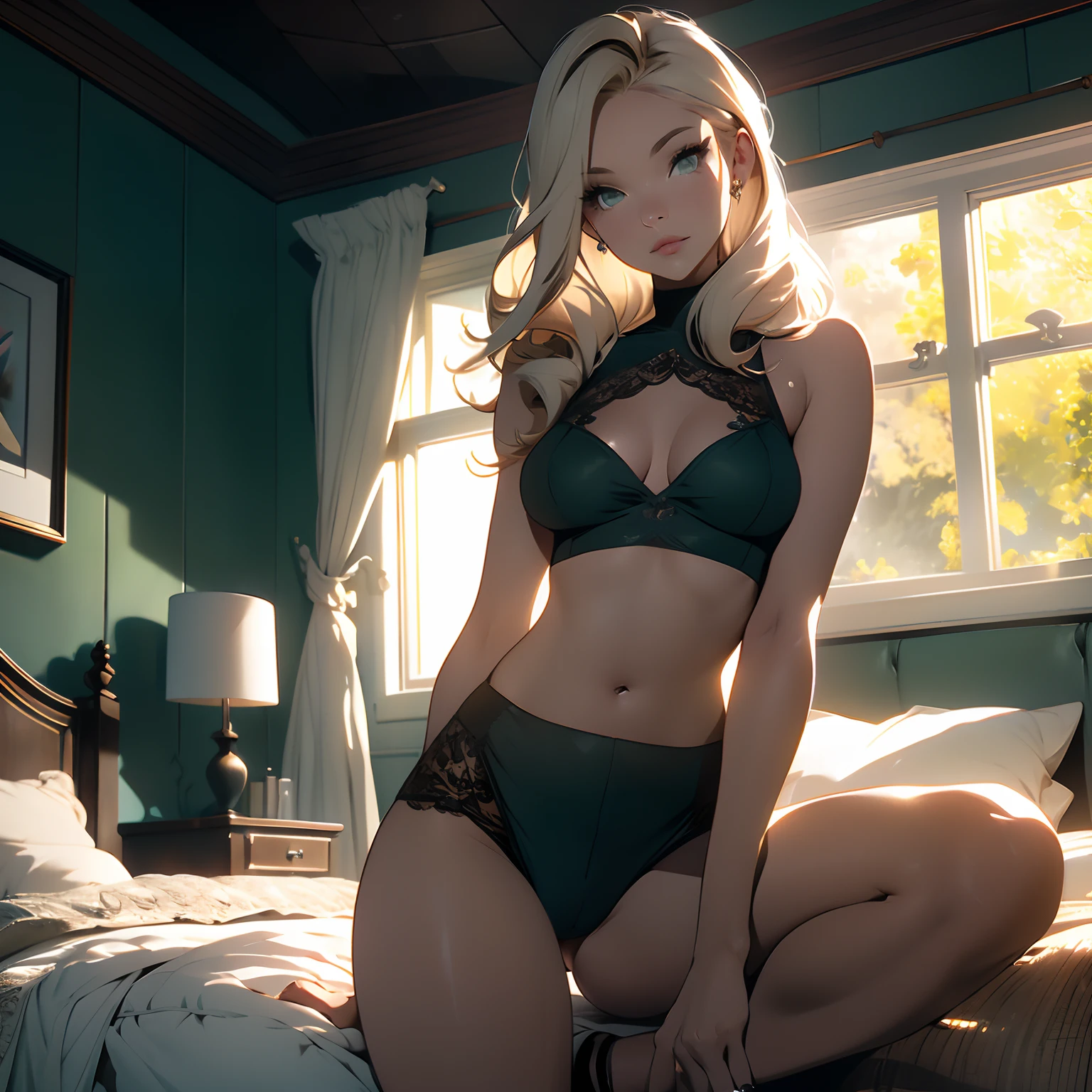 dove cameron, A tall, slim adult woman sitting on her bed in the dark room, She wears a loose white tank top, She wears dark green shorts, big breasts, underboob, flirty, small head, (photoreallistic:1.2) (Best quality) (Intricate details) (8k) (Haute Poly) (Ray Tracing) (Cinema Lighting) (mise au point nette) (Detailed face), corps entier, realistic skin textures, From head to toe, ((cameltoe))