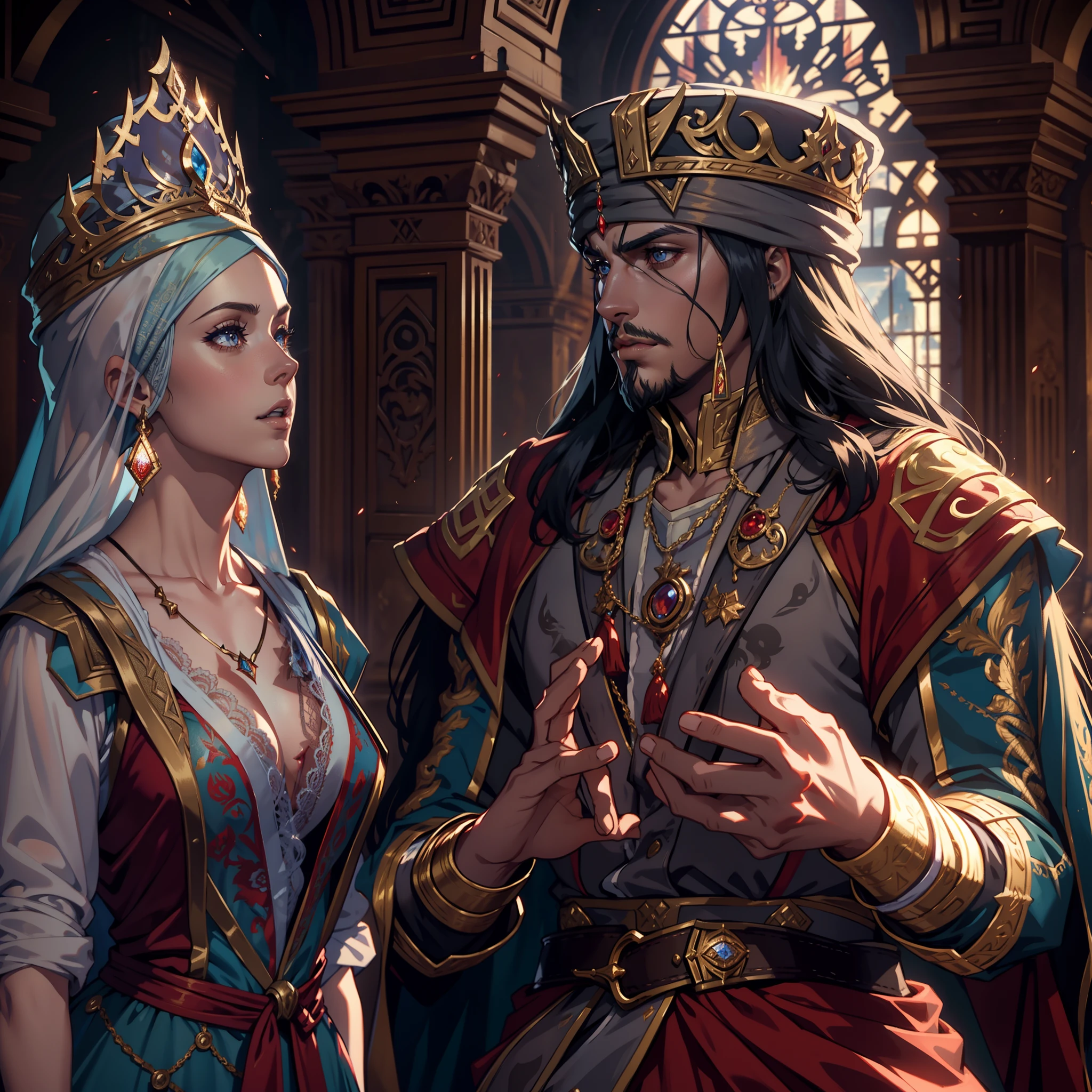 Castlevania Lord of Shadows hyper realistic super detailed Very Beautiful European Princess with moroccan outfit arguing with her father the king wearing royal legendary turban hyper realistic super detailed dynamic shot centerpiece cinematic scenes movie