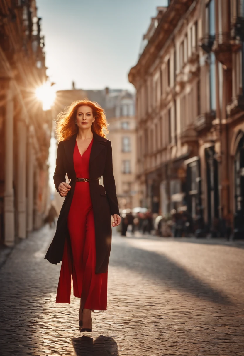 white woman, redhead with brown eyes, 35 years old, well dressed, with an hourglass body shape and slightly larger hips, attractive and self-confident look walking along a busy street with a morning light