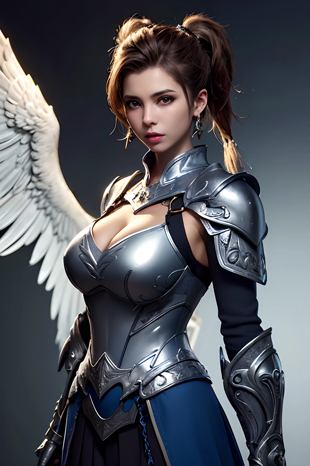 (Highest Quality, Masterpiece: 1.2), Ultra High Resolution, Realistic, Front Lighting, Intricate Detail, Exquisite Detail and Texture, 1girl, Solo, (young), Face Highlight, Upper Body, Detailed Face, Tear Point, Fair Skin, Silver Hair , ponytail, pigtails, viewer, big eyes, large fancy earrings, normal breasts, slim body, luxurious room, professional lighting, photon mapping, radiosity, physically based rendering, paladin armor, iron armor on shoulders and chest Wearing it on the waist and arms, the pattern of an eagle is engraved on the armor, the detailed pattern is designed on the armor, the armor is a style that reveals a woman's body, a short skirt, a mini skirt, and a dress that closely adheres to the body is worn inside the armor ,There is a very luxurious cloak, the pattern is engraved on the shape of the cloak, wearing a pleated tannis skirt, a knight of holy justice, a large super-sized hammer weapon, five fingers naturally, an armor pattern that embodies eagle wings,
