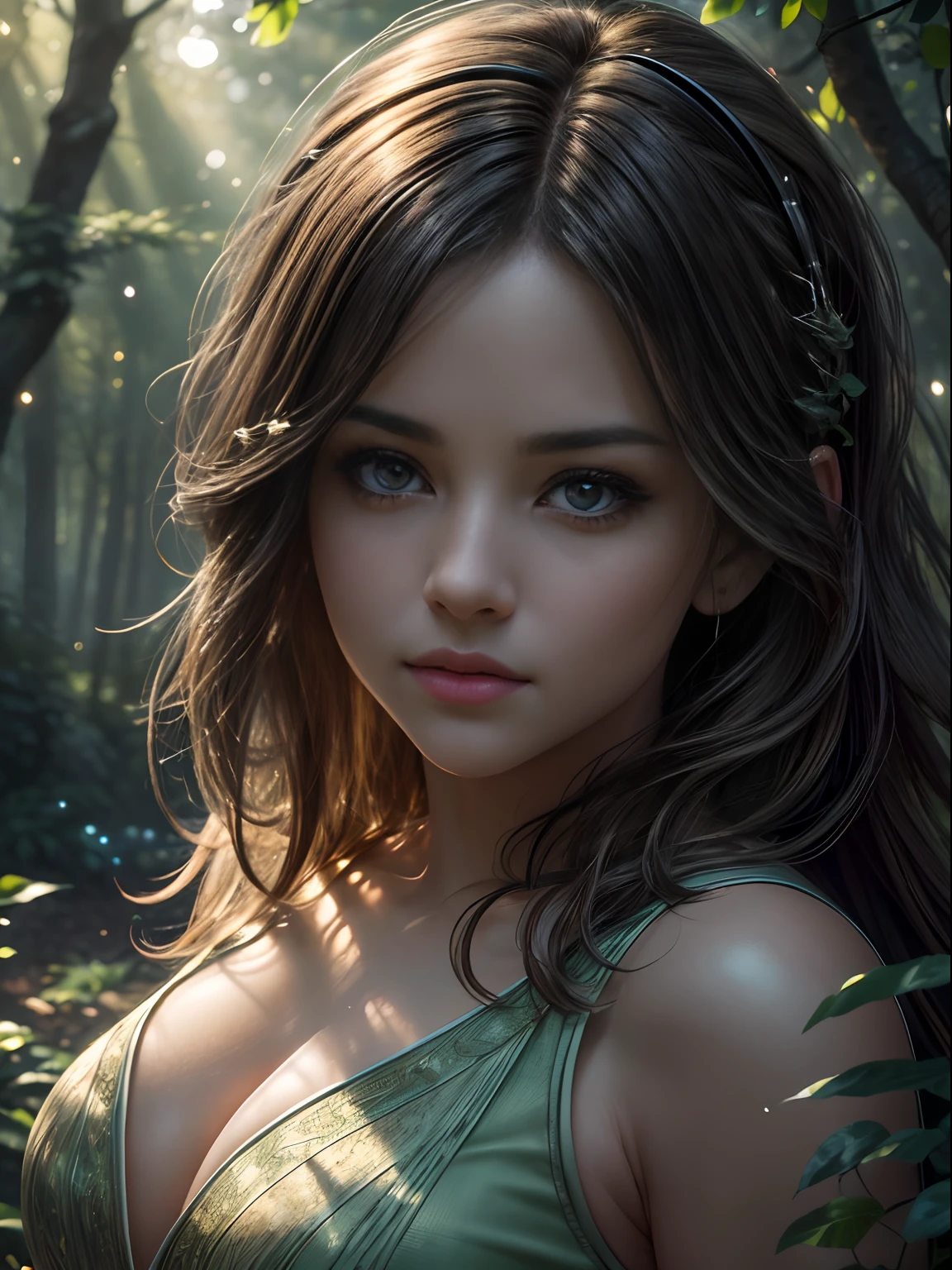 Best quality, masterpiece, ultra high res, (photorealistic:1.4), raw photo, (Selena Gomez:Emma Watson:0.8) 30 yr age, she is wearing a top and tight trousers, Headphones, She is jogging in the park in the morning , twilight, vibrant, sentient plants, magical pollen, mesmerizing dance of lights, colors among trees, breathtaking natural light show, masterpiece, 8k, oil paintinglong exposure, professional photograph, soft focus, mystical atmosphere, unreal engine, trending on ArtStation, ((woman's detailed face, detailed expression, eyes reflecting the light show, woman's hair flowing, detailed plants and trees), ambient lighting, depth of field effect, detailed pollen particles, soft, ethereal glow, magical, dreamy, surreal))
