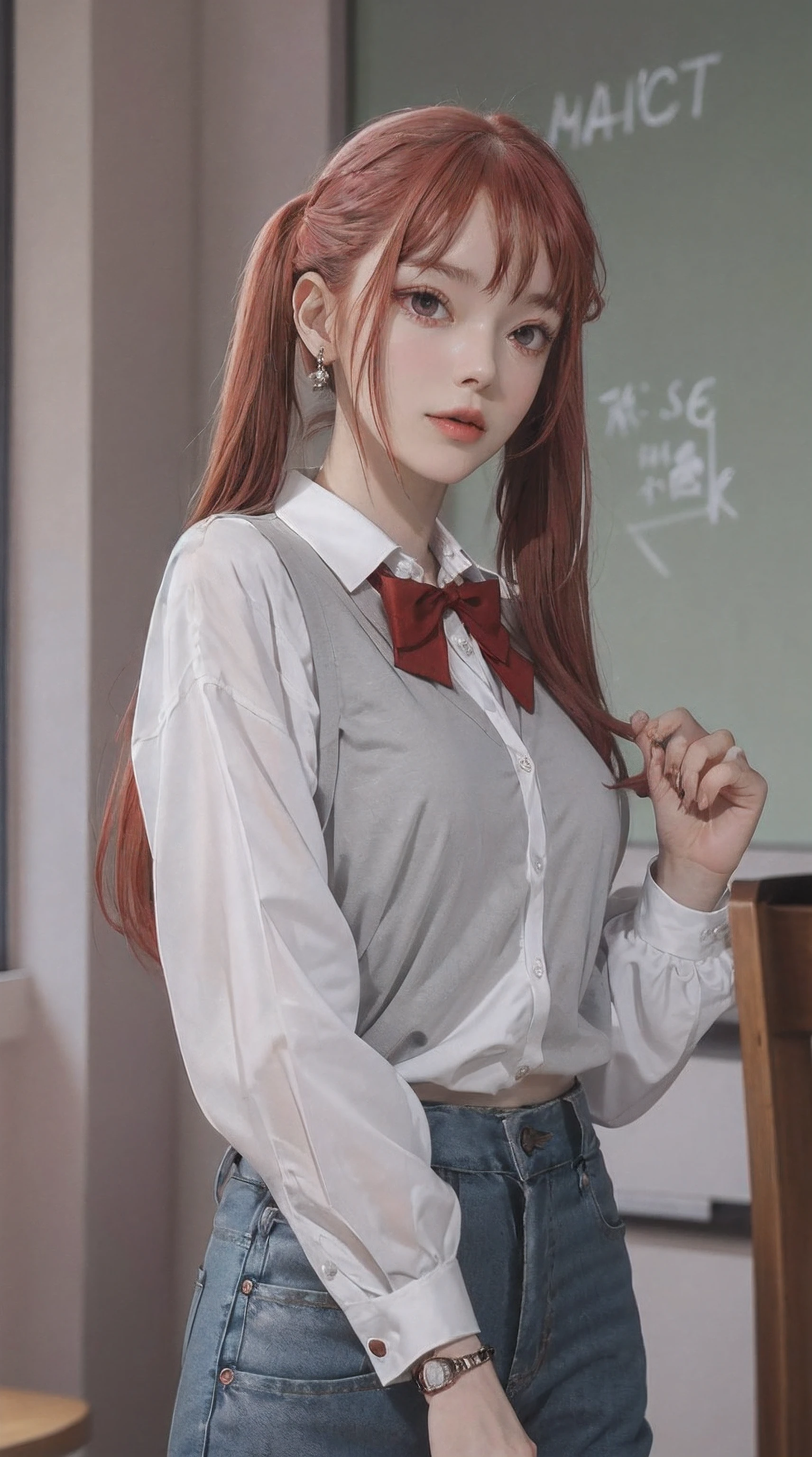 ayasakairemi, 1girl, high school girl, teenager, twintails, red hair, red eyes, beautiful, beautiful woman, perfect body, perfect breasts, wearing a white shirt, black cardigan, long jeans, handbag, wearing a watch, wearing earrings , in class , on campus , university , blackboard , looking at the audience , slight smile , realism , masterpiece , textured skin , super detailed , high detail , high quality , best quality , 1080p , 16k