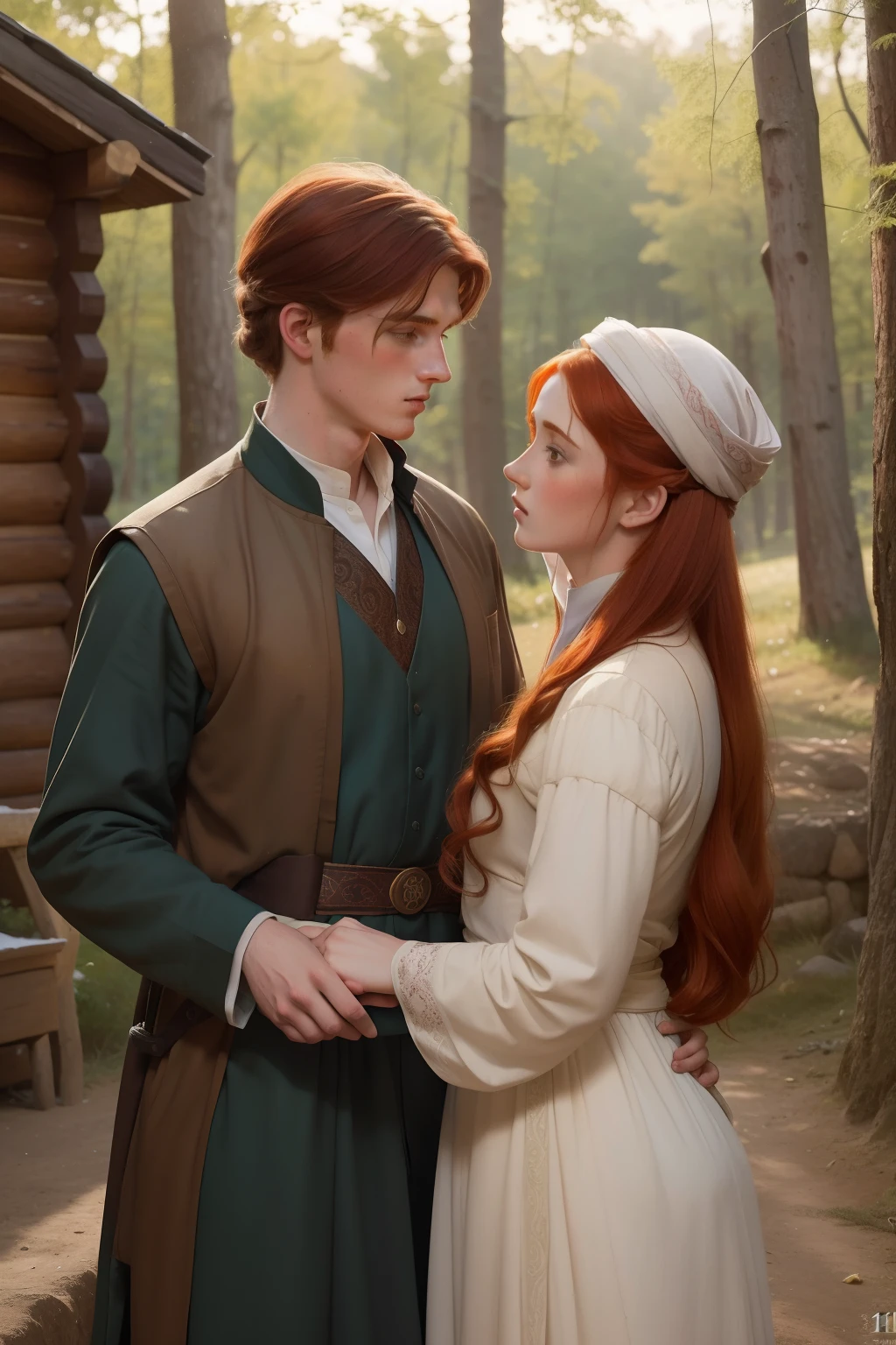 Year: 11th century. Location: Gusheh. Pre-raphaelite scene with a 22-year-old (english man), with a redhead woman, ((love)) ((sad)), in front of a cabin in the woods, looking into each other eyes, wedding vows, ((((11th century qamis)))) ((11th century hairstyle)), (((cinematic style)))