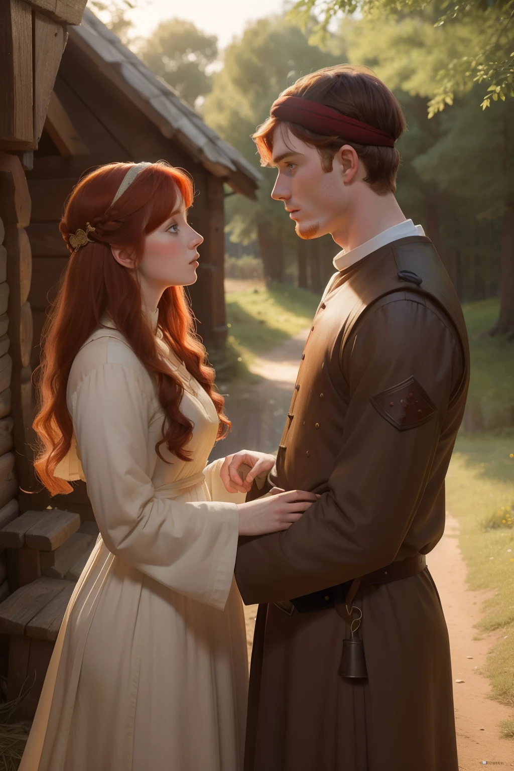 Year: 11th century. Location: Gusheh. Pre-raphaelite scene with a 22-year-old (english man), with a redhead woman, ((love)) ((sad)), in front of a cabin in the woods, looking into each other eyes, wedding vows, ((((11th century qamis)))) ((11th century hairstyle)), (((cinematic style)))