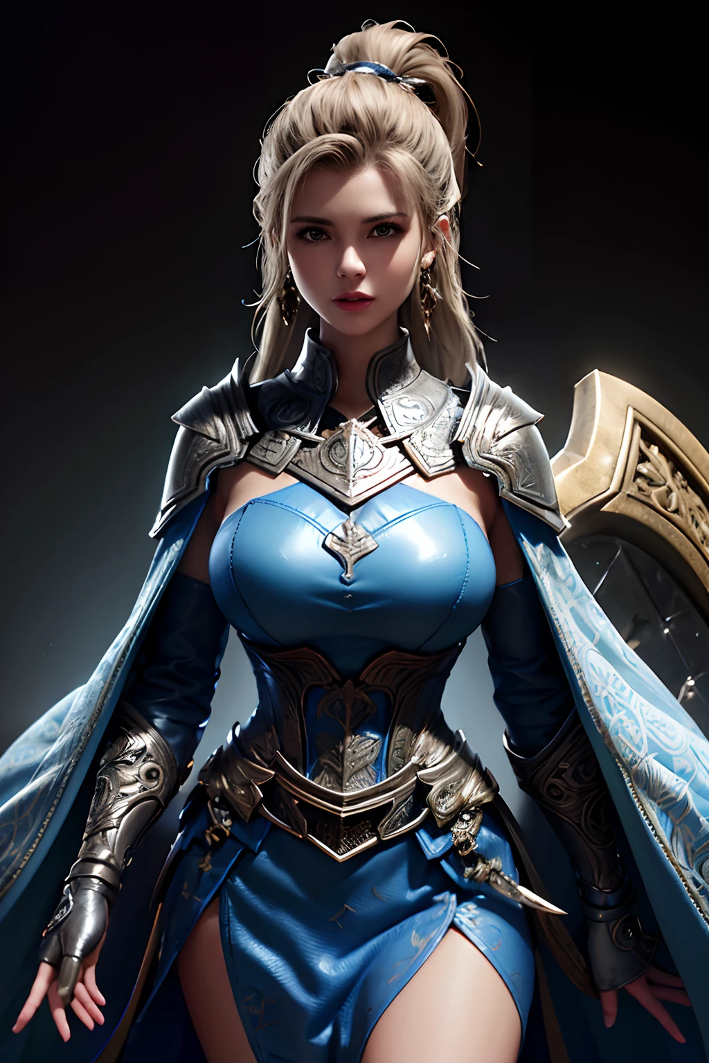 (Highest Quality, Masterpiece: 1.2), Ultra High Resolution, Realistic, Front Lighting, Intricate Detail, Exquisite Detail and Texture, 1girl, Solo, (young), Face Highlight, Upper Body, Detailed Face, Tear Point, Fair Skin, Silver Hair , ponytail, pigtails, viewer, big eyes, large fancy earrings, normal breasts, slim body, luxurious room, professional lighting, photon mapping, radiosity, physically based rendering, paladin armor, iron armor on shoulders and chest Wearing it on the waist and arms, the pattern of an eagle is engraved on the armor, the detailed pattern is designed on the armor, the armor is a style that reveals a woman's body, a short skirt, a mini skirt, and a dress that closely adheres to the body is worn inside the armor ,There is a very luxurious cloak, the pattern is engraved on the shape of the cloak, wearing a pleated tannis skirt, a knight of holy justice, a large super-sized hammer weapon, five fingers naturally, an armor pattern that embodies eagle wings,