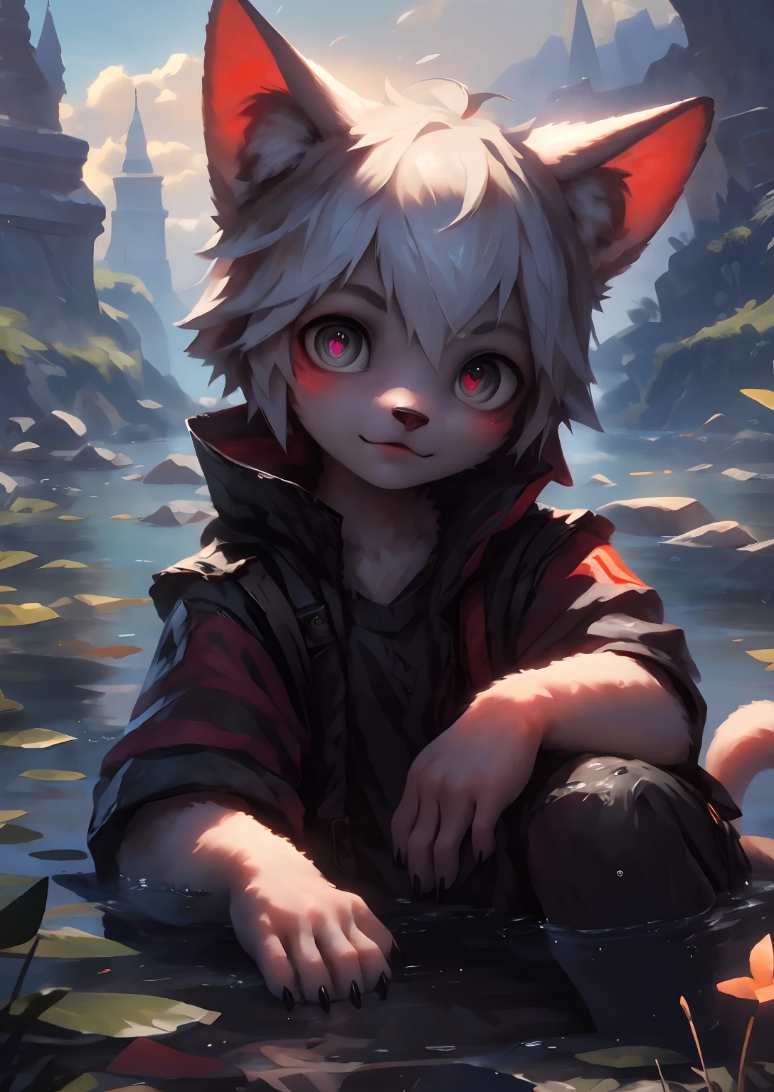(best quality,4k,8k,highres,masterpiece:1.2),ultra-detailed,(realistic,photorealistic,photo-realistic:1.37),portrait,landscape,horror,anime,sci-fi,photography,concept artists,illustration,oil painting,3D rendering,photography:1.1,popular,Guweiz style artwork,ArtStation Pixiv,beautiful,detailed eyes,detailed lips,extremely detailed eyes and face,long eyelashes,young boy lying on the river,cool,Guweiz,ArtStation Pixiv's Guweiz,young male,black body,white orange hair,close-up photo,lying on the ground,man,youth,semi-submerged in water,(boy),cat ears,by Pino Daeni,Canian declaration,Naihu 1145,Dagassi,Yupa