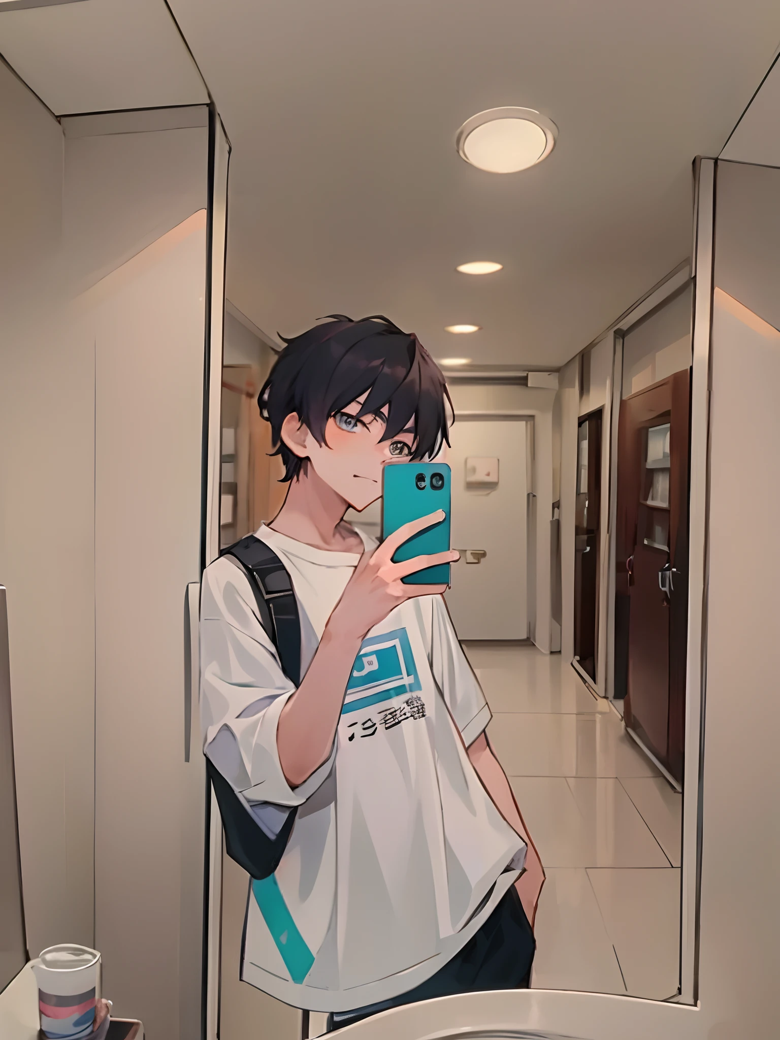 anime - style picture of a boy taking a selfie in a bathroom mirror, in an anime style, in anime style, anime style 4 k, anime art wallpaper 8 k, high quality anime artstyle, anime style. 8k, anime moe artstyle, artwork in the style of guweiz, anime artstyle, young anime man, anime aesthetic