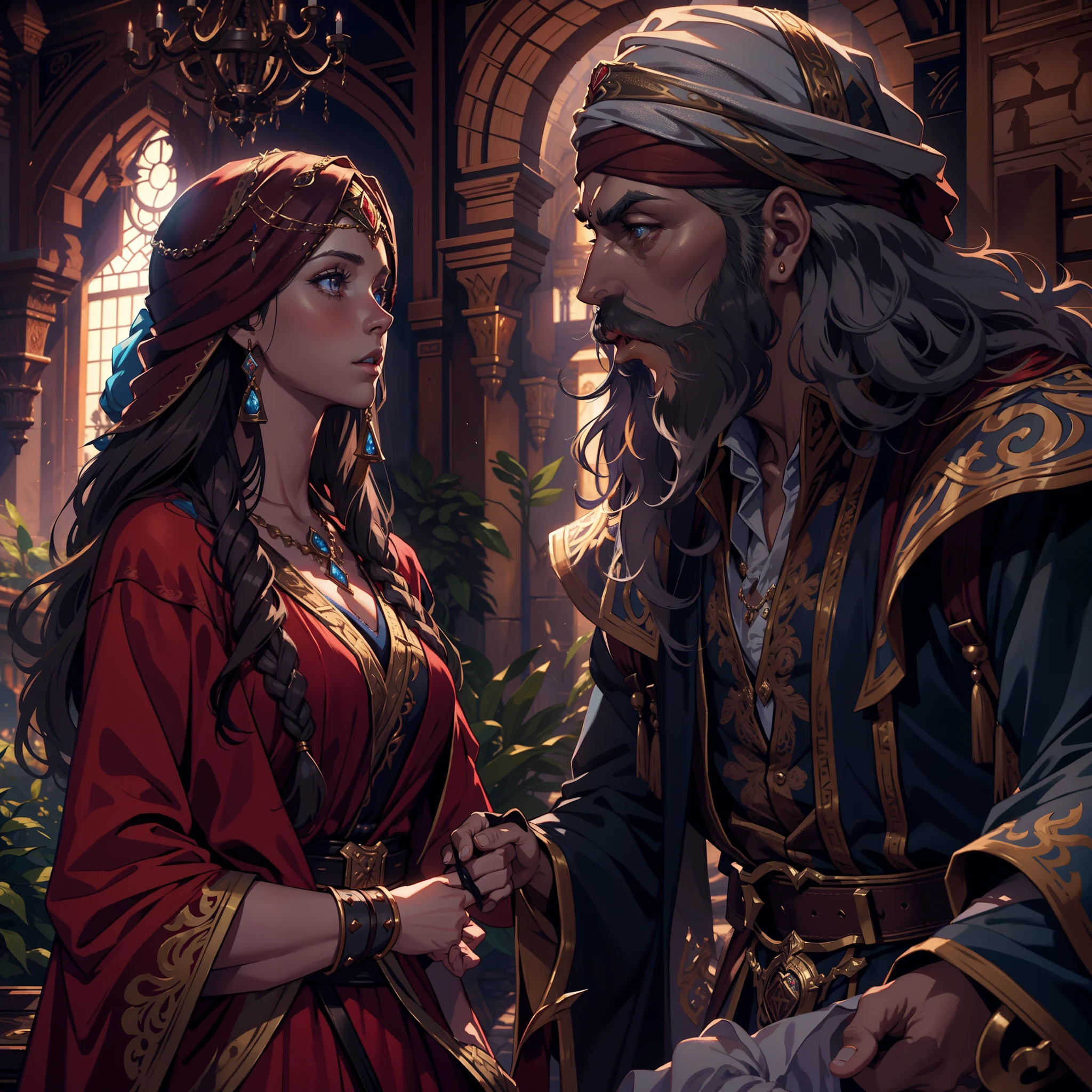 Castlevania Lord of Shadows hyper realistic super detailed Very beautiful European princess with Moroccan outfit arguing with her father old man with long beard the king wearing legendary royal turban hyper realistic super detailed dynamic shot centerpiece cinematic scenes movie