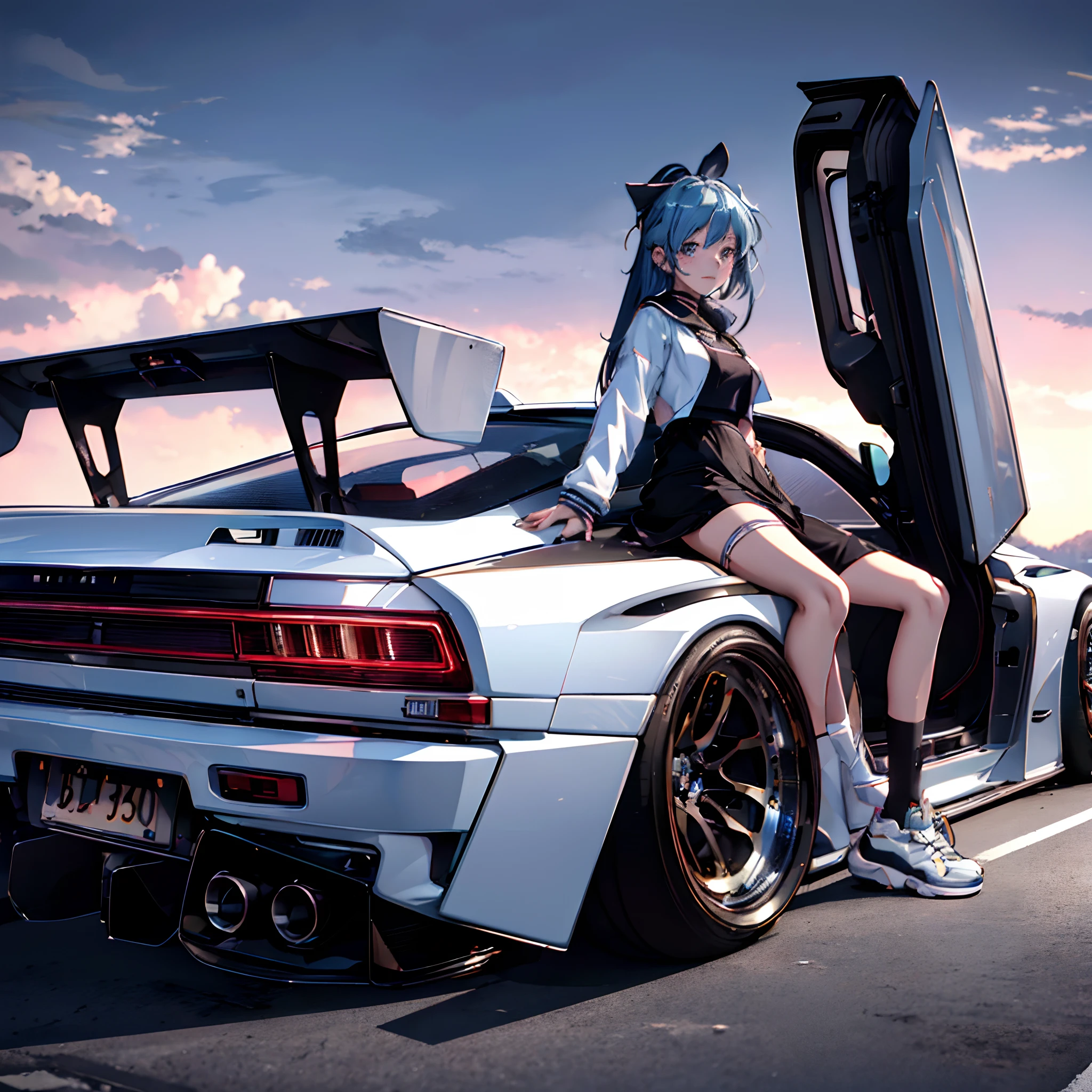 anime girl sitting on the back of a white car with open doors, anime art vehicle concept art, art deco outrun anime aesthestic, miura kentaro style, anime style 4 k, wide body, anime girl of the future, 8 0 s anime style, 8 0 s anime art style, anime wallaper, sportcar, sports car, modern anime style,((Best Quality, 8k, Masterpiece:1.3)), Focus:1.2, Perfect Body Beauty:1.4, Buttocks:1.2, ((Layered Haircut, Breasts:1.2)), (Wet Clothes:1.1) , (Rain, Street:1.3), (crop top jacket and shirt: 1.1),short short pants,midriff,sexy,erotic, Highly Detailed Face and Skin Texture, Fine Eyes, Double Eyelids, Whitened Skin, Long Hair,((simple background))