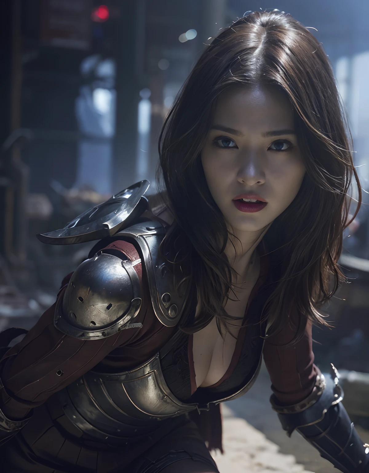 (One Knight Girl)、top-quality、masterpiece、超A high resolution、(Photorealsitic:1.4)、Raw photo、1人、Fight mutants、(Wear the Dark Knight's Armor)、glowy skin、(((Dark Fantasy)))、With a beautiful sword and shield、(Silver Metal Bodysuit)、(Kobold、ogre、Fierce battle with orcs),(Fight fiercely against aliens)、Fight fiercely、(Background of decaying dungeon ruins)、(Knight's helmet)、(Fighting Demonic Beasts)、(Small LED)、((super realistic details))、portlate、(Strong giant demon beast background),globalillumination、Shadow、octan render、8K、ultrasharp、Colossal tits、Raw skin is exposed in cleavage、metals、Details of complex ornaments、Japan details、highly intricate detail、Realistic light、(Mystical expression),CGSoation Trends、Red Eyes、radiant eyes、Facing the camera、neon details、(Mechanical limbs)、(blood vessels connected to tubes)、()、Gundam、Small LED、Toostock、()、(Attack of the Monster Beasts)、(Wounded in a deadly battle)、