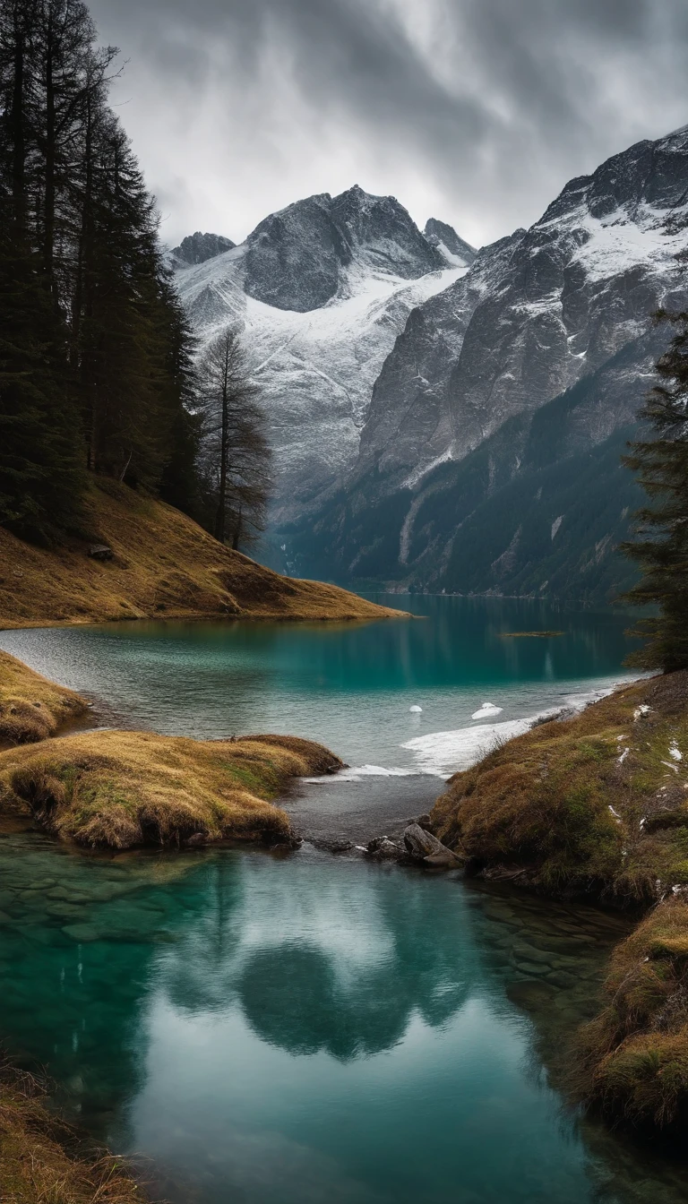 lakes，Snow Mountain，wide angle，snow，Switzerland.