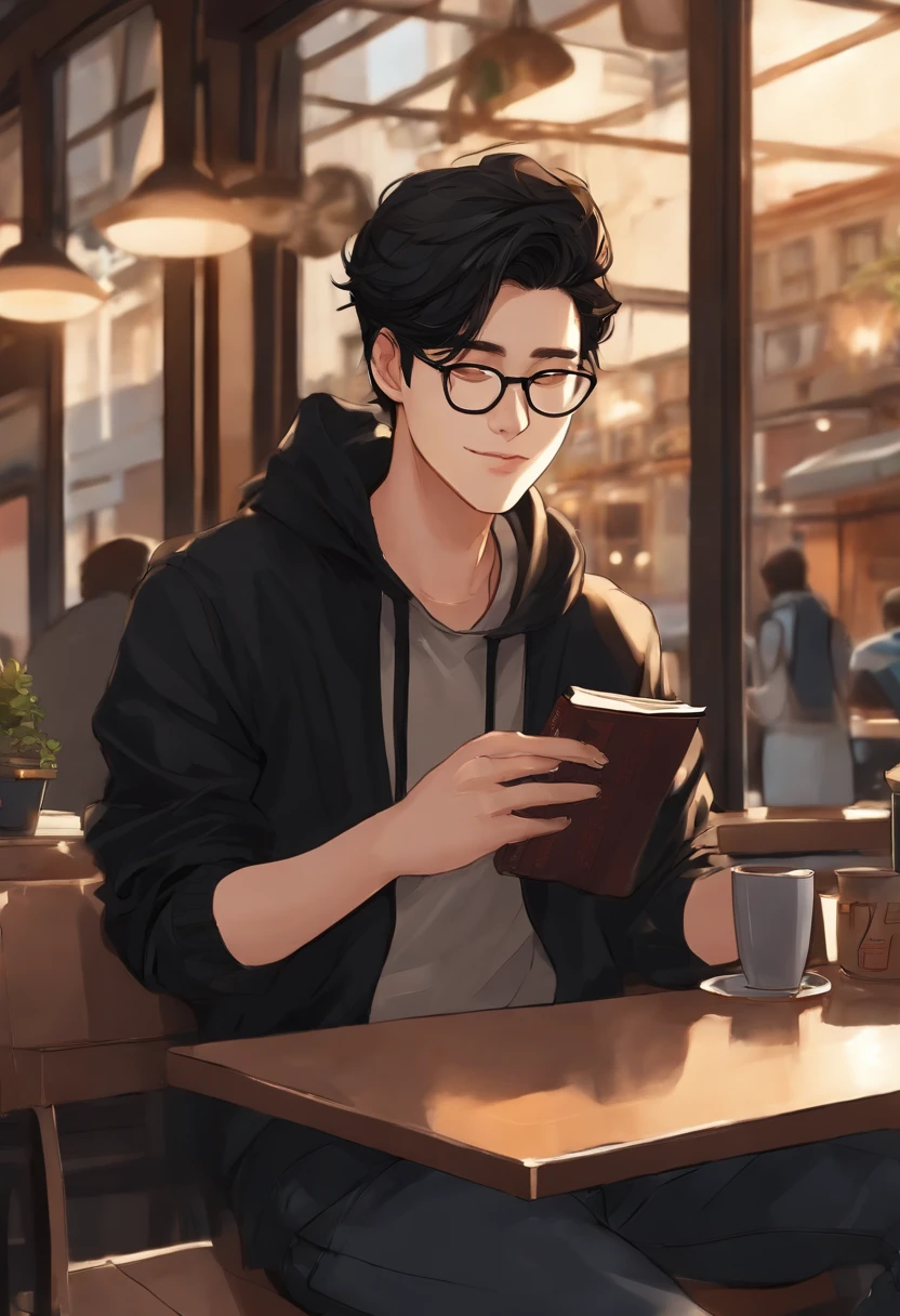 (Male) (((Manhwa art style))) (black hair) (tan skin) (wearing glasses) (amber eyes) (slightly smiling) (sitting at a cafe) (reading a book) (wearing a black hoodie) (wearing black jeans)