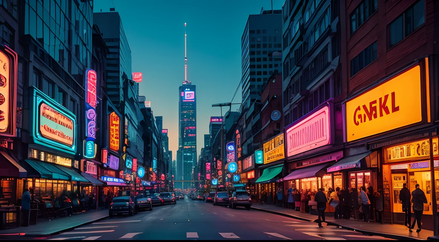 Photograph of a busy city street at dusk, taken from a low angle, with towering buildings and vibrant neon lights.