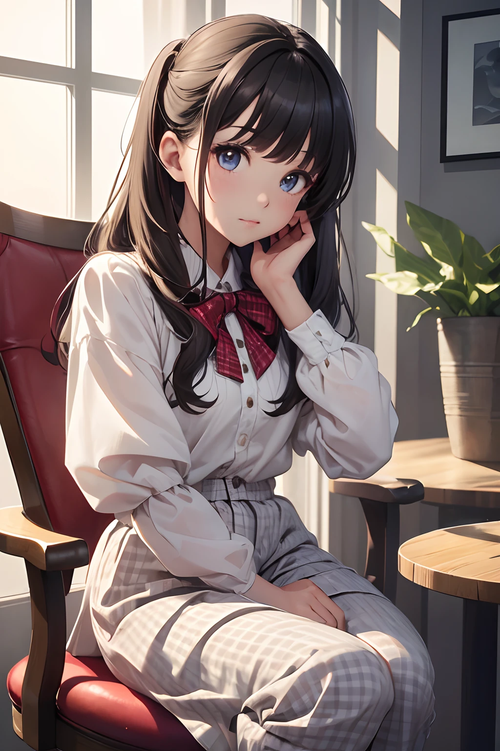 ((8K, top-quality, masterpiece, 8k high resolution, Photorealsitic:1.4,)), (Highly detailed facial and skin texture:1.5), (Original Photo, Lighting: 1:1), BREAK detailed reflecting eyes by professional digital painting, beautiful pretty cute small face, BREAK 1girl, solo, (balloon_sleeved_blouse, gingham check, white Cargo pants:1), Ribbon platform sneakers, sitting chair,crossed legs, drink coffee
