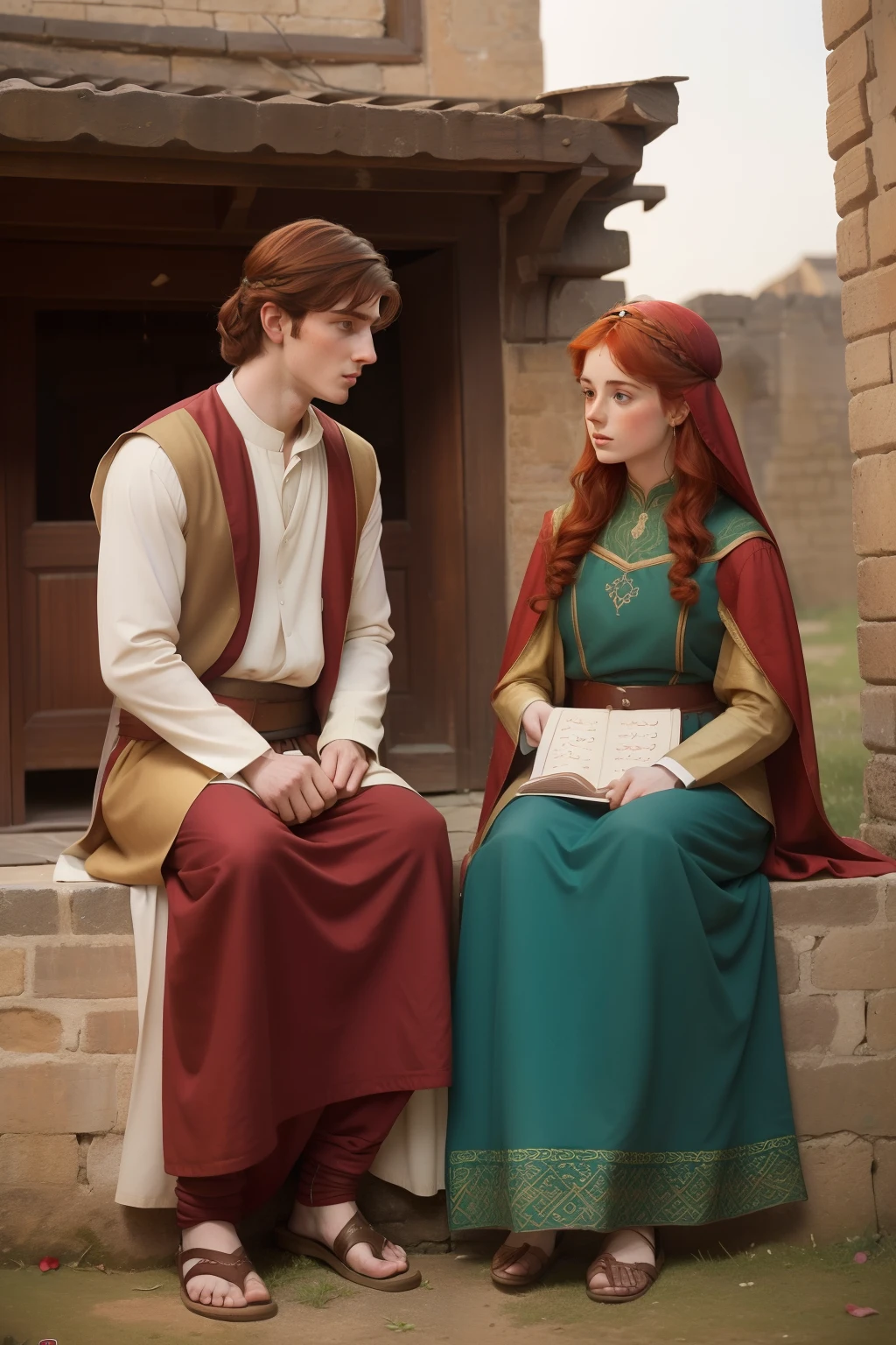 Year: 11th century. Location: Ispahan. Pre-raphaelite scene with a 22-year-old (english man), with a redhead woman, ((love)) ((sad)), in front of a humble house, looking into each other eyes, wedding vows, ((((11th century qamis)))) ((11th century hairstyle)), (((cinematic style)))