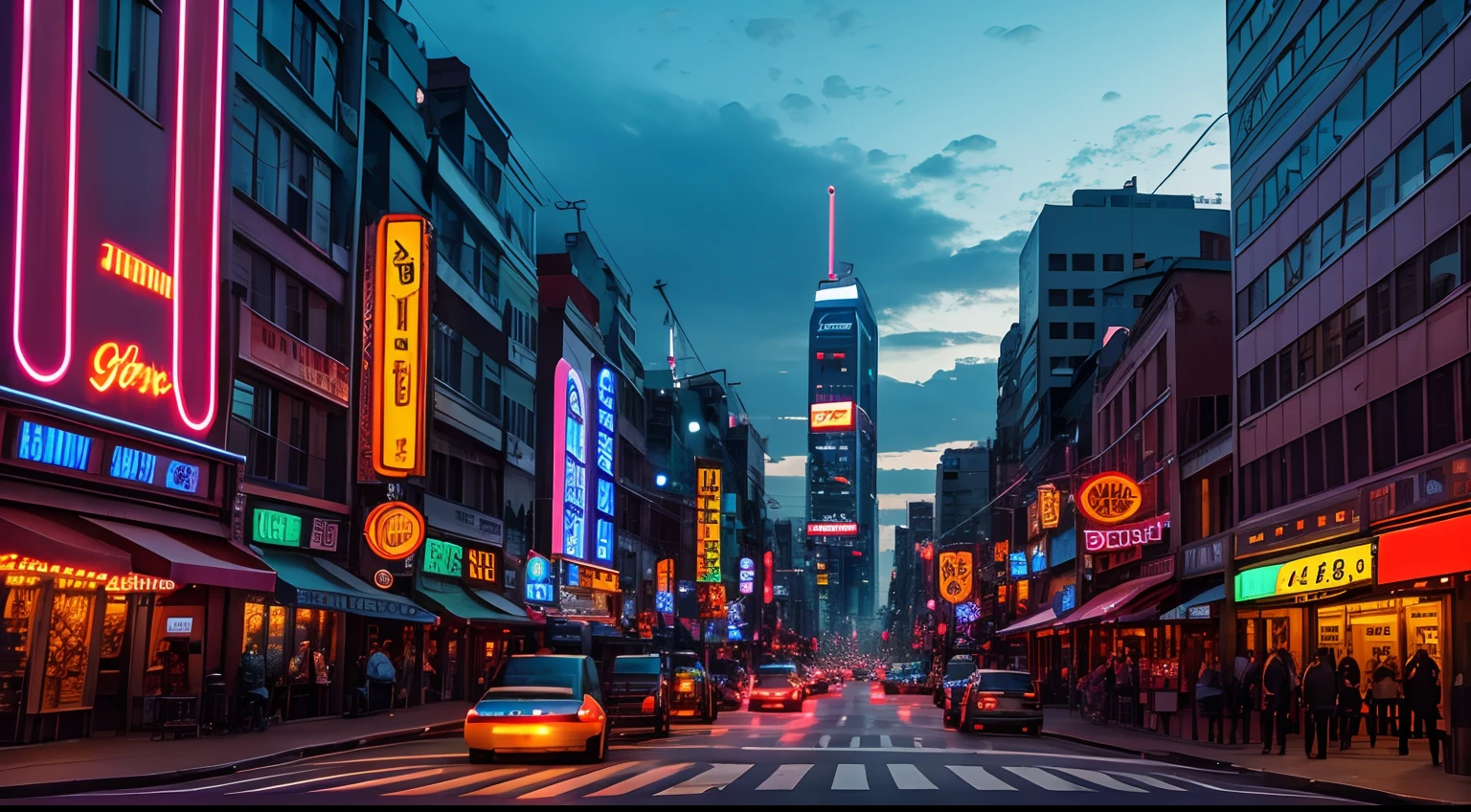 Photograph of a busy city street at dusk, taken from a low angle, with towering buildings and vibrant neon lights.