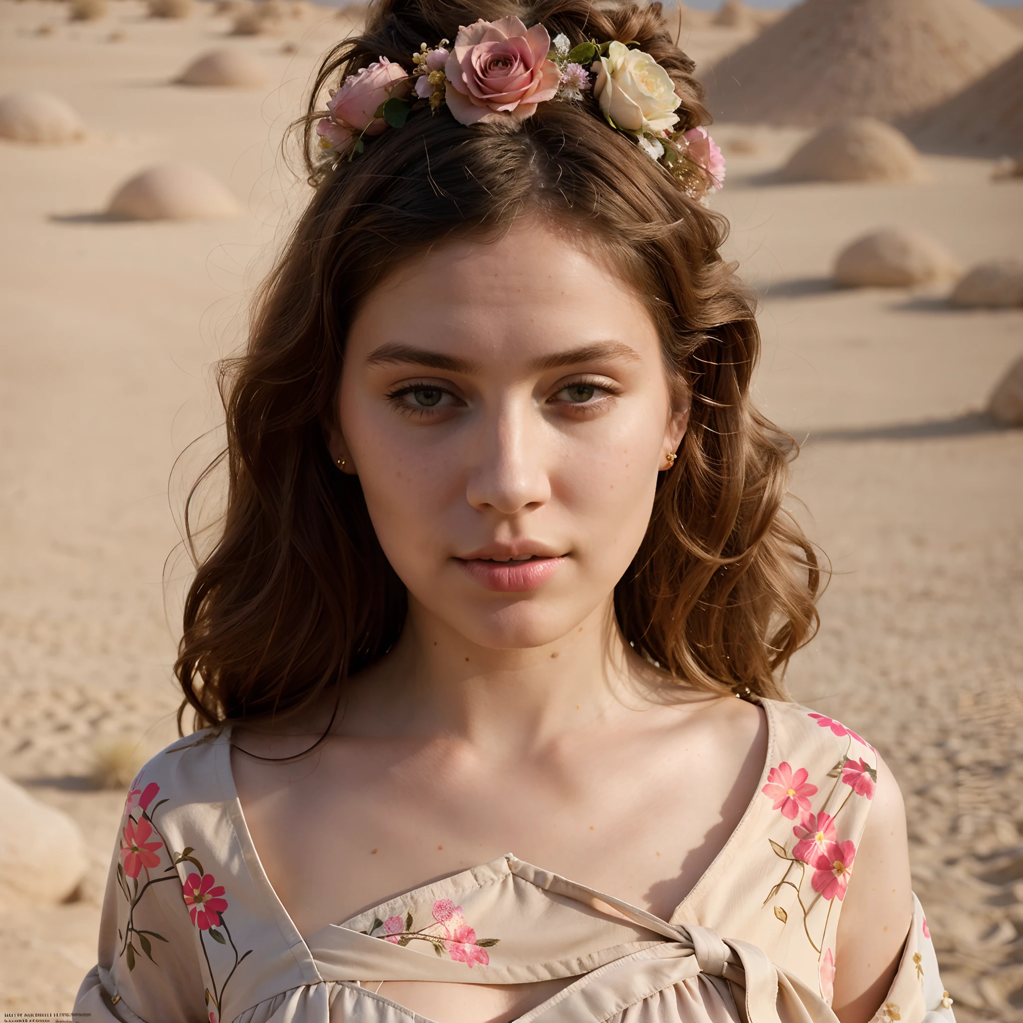 Ultra detailed, for adult, bold fashion editorial photography, taken on Hasselblad camera and Kodak Portra by Tim Walker. Close-up shot. A woman standing in the desert with flowers in hair, in the style of light pink and violet, duffy sheridan, layering, soft and dreamy, warmcore, elisabeth sonrel, beige and azure. Very photorealistic, Best world fashion magazines`s vibe, Vogue Magazine, W magazine, Harper’s Bazaar