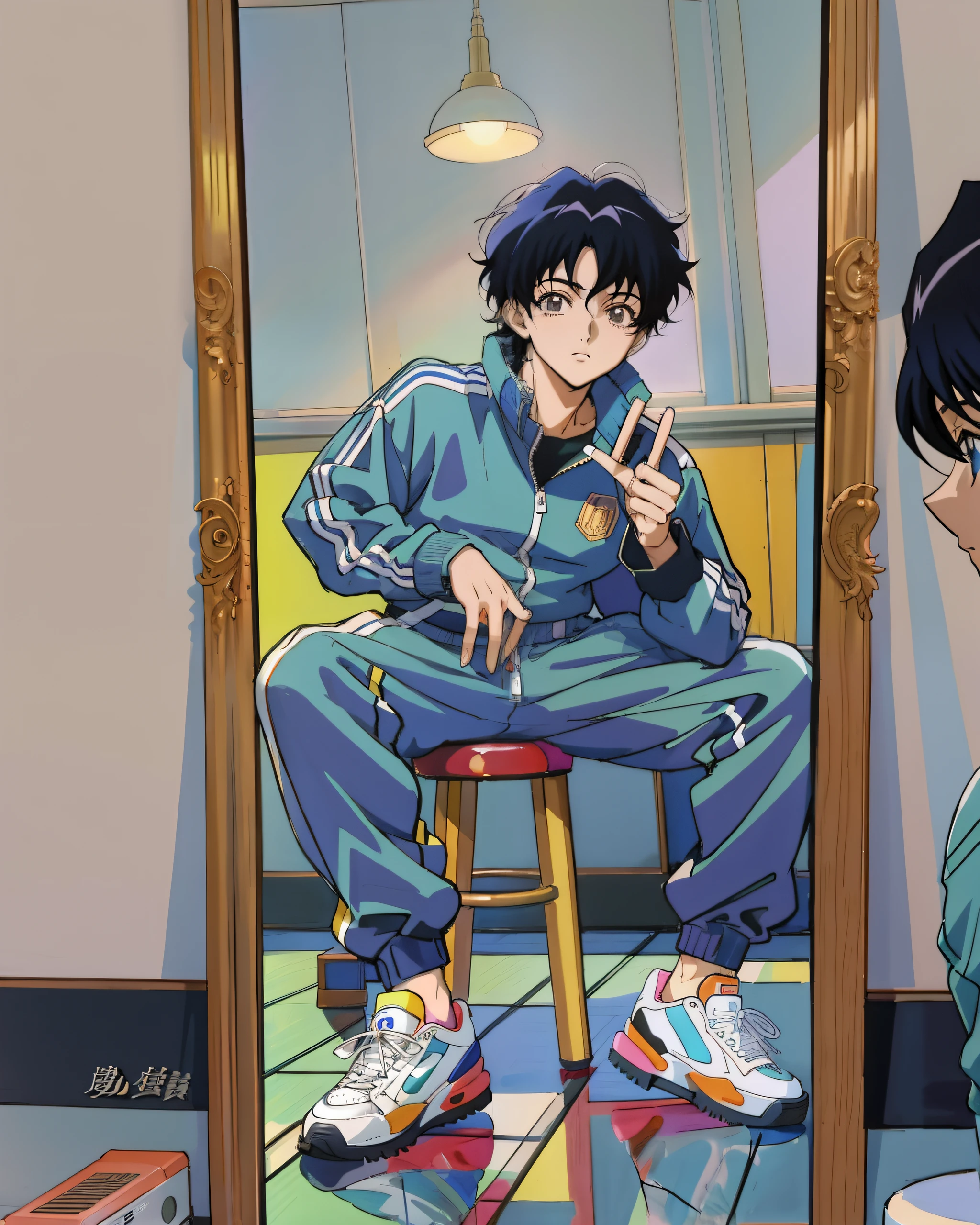 anime - style picture of a boy sitting on a stool in front of a mirror, anime moe artstyle, in an anime style, anime artstyle, in anime style, high quality anime artstyle, wearing a tracksuit, anime art style, kentaro miura art style, in the art style of 8 0 s anime, wearing a track suit, detailed fanart