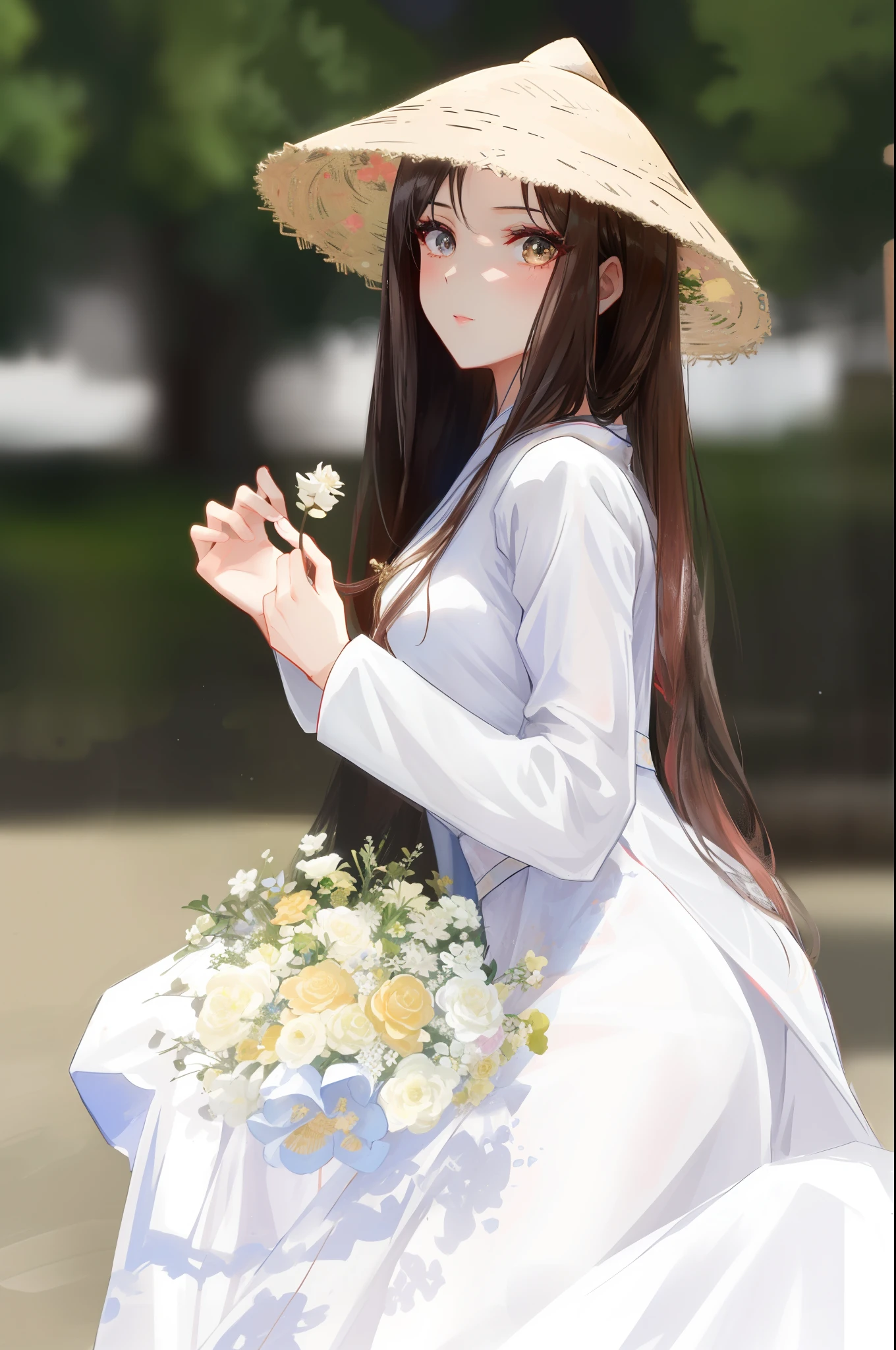 arafed woman in a white dress and a straw hat holding a bouquet of flowers, ao dai, vietnamese woman, with flowers, with straw hat, mai anh tran, in style of lam manh, dang my linh, a beautiful woman in white, lovely woman, asian girl, very beautiful girl, beautiful asian girl, traditional beauty, beautiful south korean woman