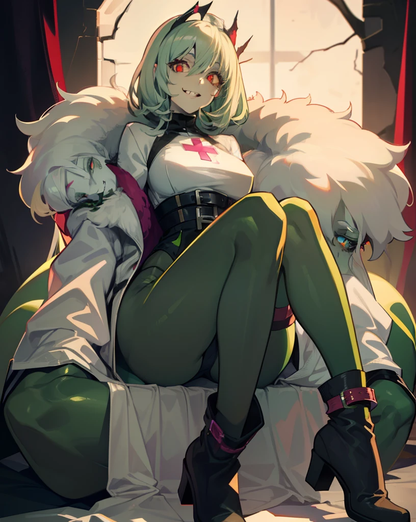 DETAILED, DENSE, MASTERPIECE, one girl, beautiful, 22 years old, smooth skin, glowing skin, glowing hair, clear eyes, glowing eyes, red eyes, soft lips,(viewer Looking down: 0. 8) smiling slightly, cheeks stained, mouth open, one girl, soft skin, large breasts, glowing skin, (Masterpiece: 1.0), (Realistic: 1.6), (Soft Focus: 1.5), full body, big lips, sexy face, sharp eyes, grin, skinny waist, (((skinny waist))), pastel pink jacket,smile,body horror,nurse,scary, sexy, zombie, decay, sharp teeth, green skin, patchwork, ((white hair)), big platform boots, fur on boots, buckle on boots, fur coat, sexy, trendy, ((pale green skin)), yellow glowing eyes, dead, undead, gray green skin