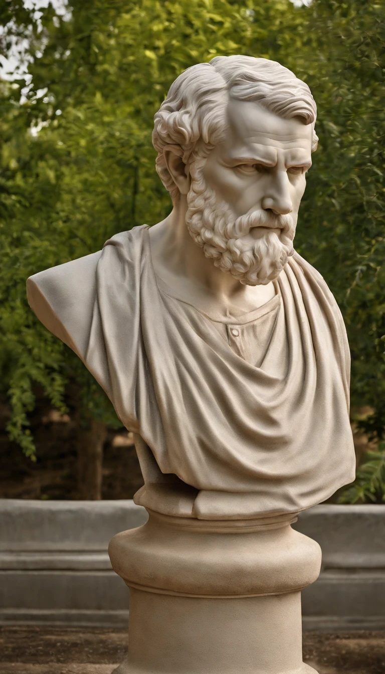A picture of the bust of an intelligent and imposing man, since 40 years old, thin, bearded and white-haired, with a serious expression and a lot of experience. High Definition. Inspiration for the ancient Greeks. “Right in front of the camera