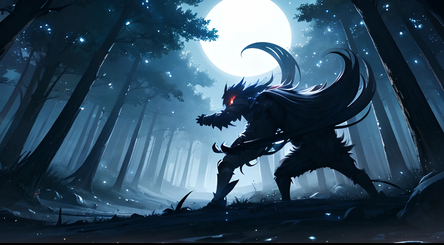 Anime scene of a protagonist fighting shadow creatures in a moonlit forest, highlighting the glowing eyes of the creatures and the determined stance of the protagonist.