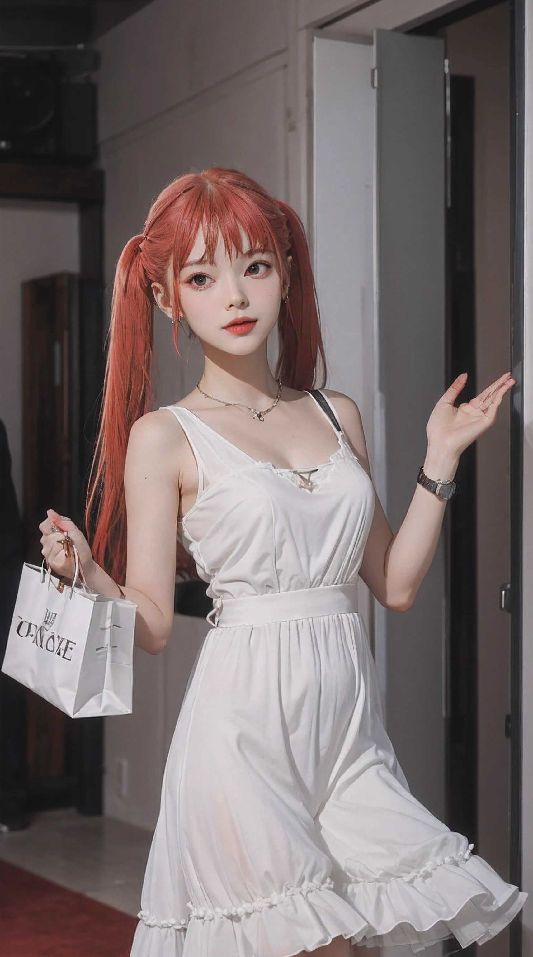 ayasakairemi, 1girl, high school girl, teenager, twintails, red hair, red eyes, perfect body, perfect breasts, wearing a white dress, luxurious, beautiful, expensive, very beautiful, carrying a bag, wearing a watch, wearing earrings, walking on the red carpet, red carpet, looking at the audience, a slight smile, realism, masterpiece, textured leather, super detail, high detail, high quality, best quality, 1080p, 16k