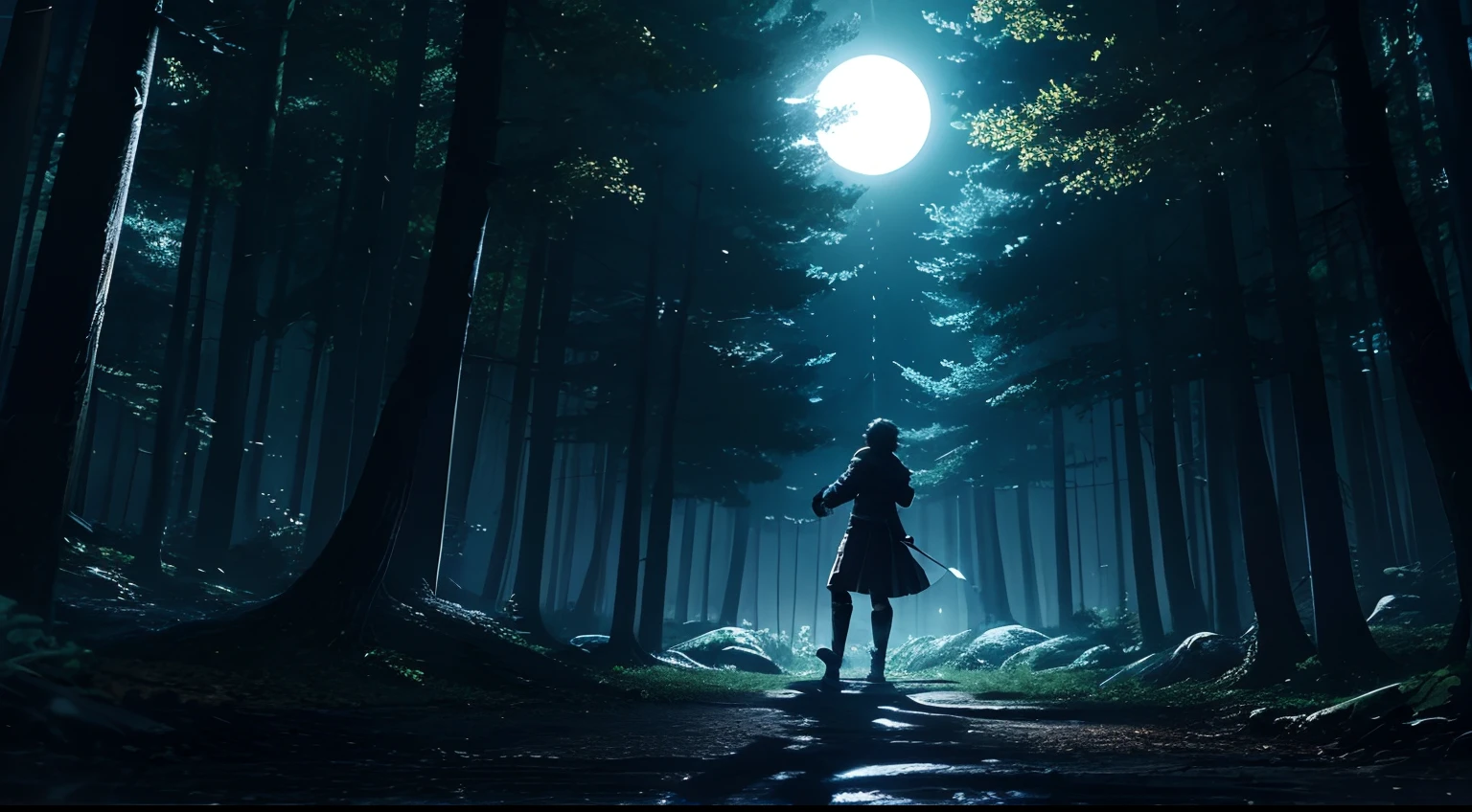 Anime scene of a protagonist fighting shadow creatures in a moonlit forest, highlighting the glowing eyes of the creatures and the determined stance of the protagonist.