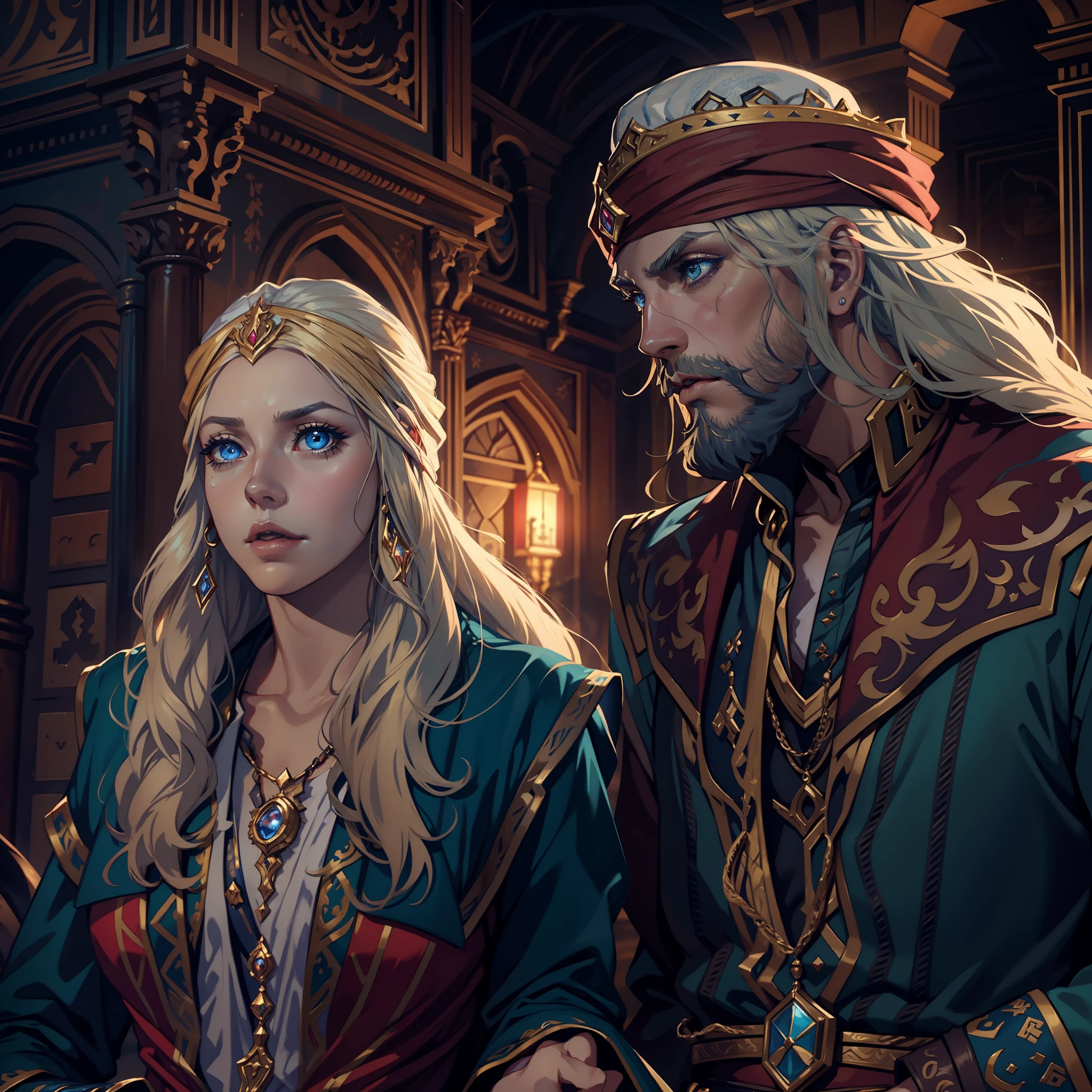 Castlevania Lord of the Shadows hyper realistic super detailed Very beautiful European princess Blue eyes and blond hair with Moroccan outfit arguing with her father old man with long beard the king wearing legendary royal turban hyper realistic super detailed dynamic shot centerpiece cinematic scenes movie