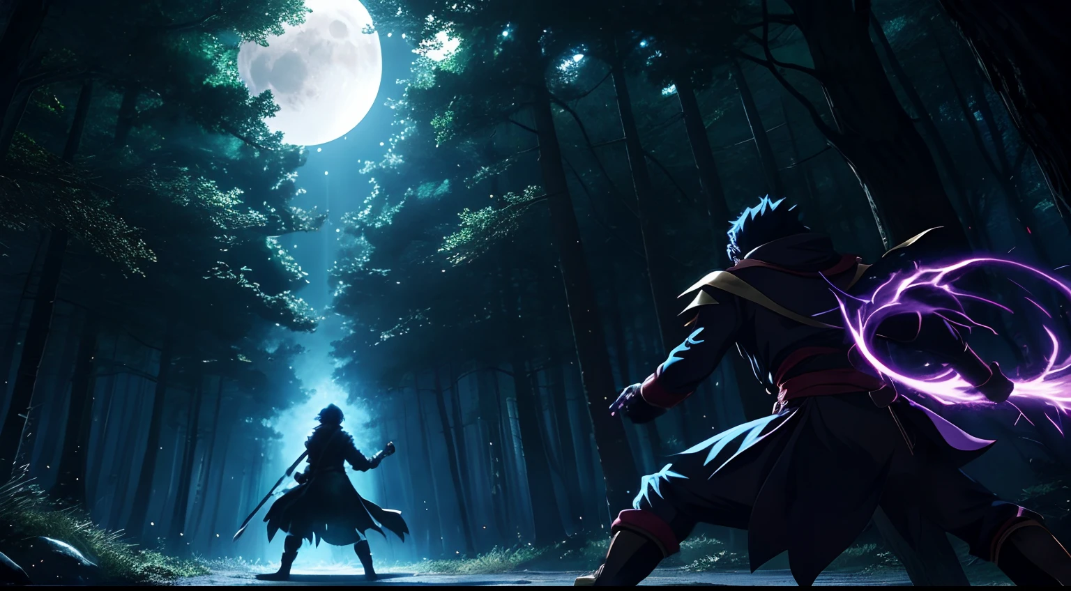 Anime scene of a protagonist fighting shadow creatures in a moonlit forest, highlighting the glowing eyes of the creatures and the determined stance of the protagonist.