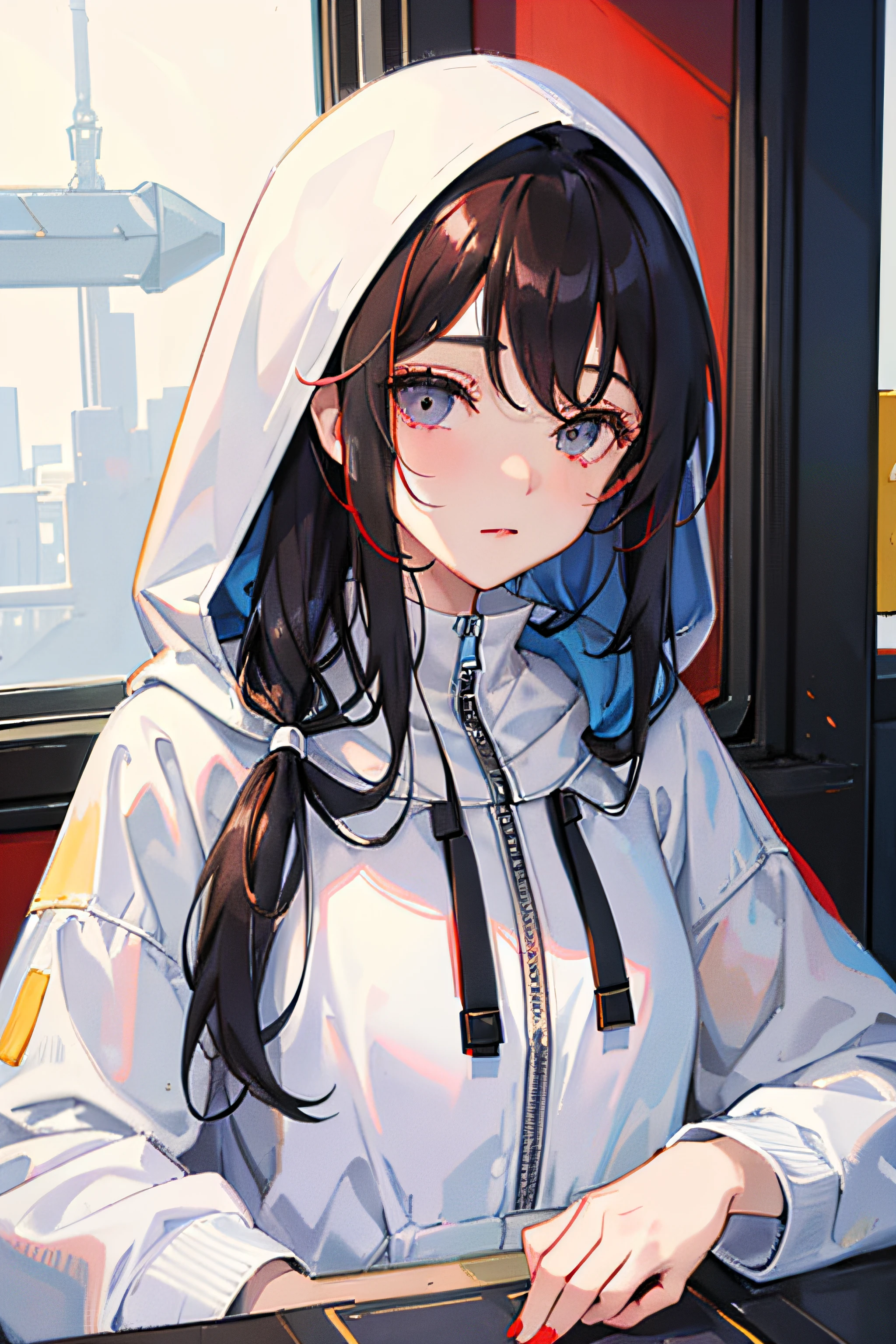 (masterpiece, sidelighting, ultra-detailed, finely detailed beautiful eyes: 1.2), 1girl, stage name, Bao, buliding, A tall young girl, Has long black hair., Deep-set eyes, hood Has a light blue complexion, Her neural net is made of a special material that can project internet information onto her skin,Often wears a white dress,Likes the color white,Curious and adventurous in nature,hooded jacket, hoodie, jacket, long hair, Personal Data, red hair, 独奏, trains, Train interior, The upper part of the body, Masterpiece, best quality, messy hair,