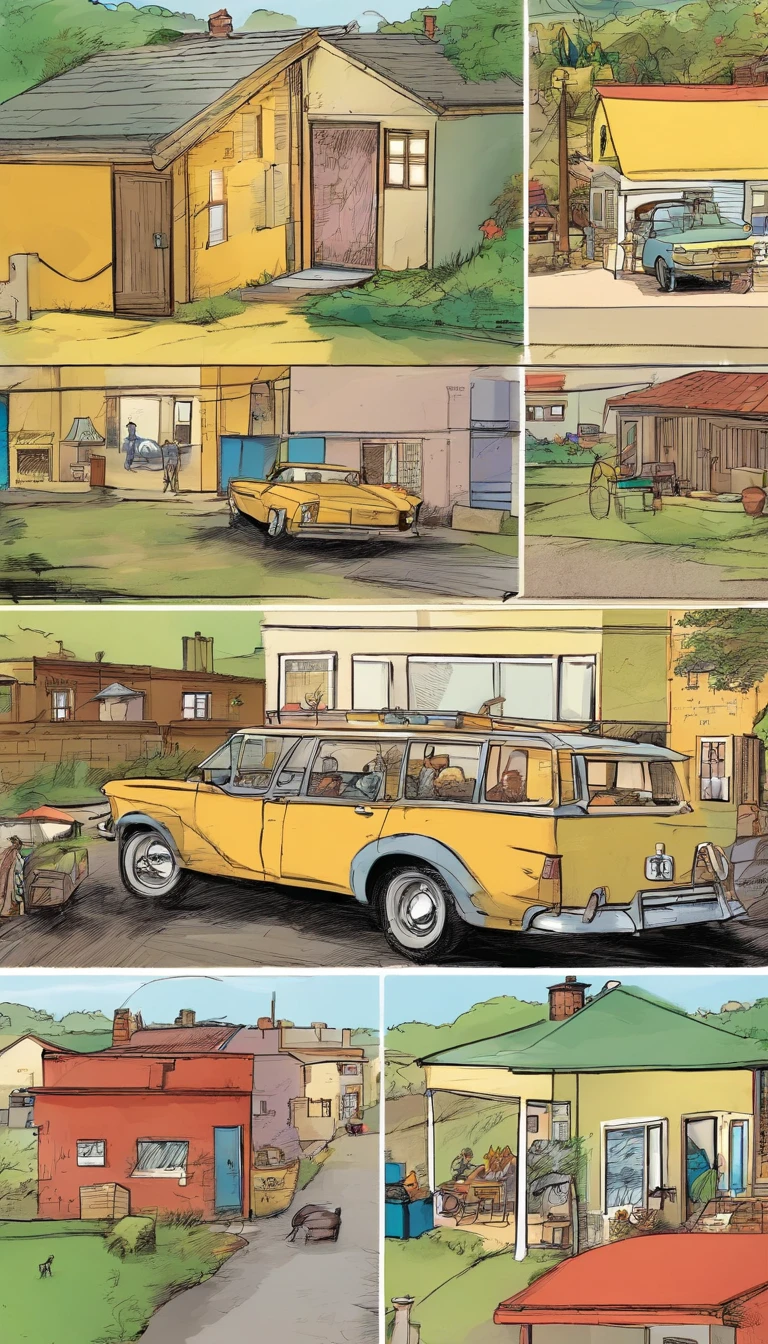 American comics, The comic story is presented in multiple irregular colored panels.((Comic storyboard:1.8)), Describe village life, A day in the life of an ordinary person