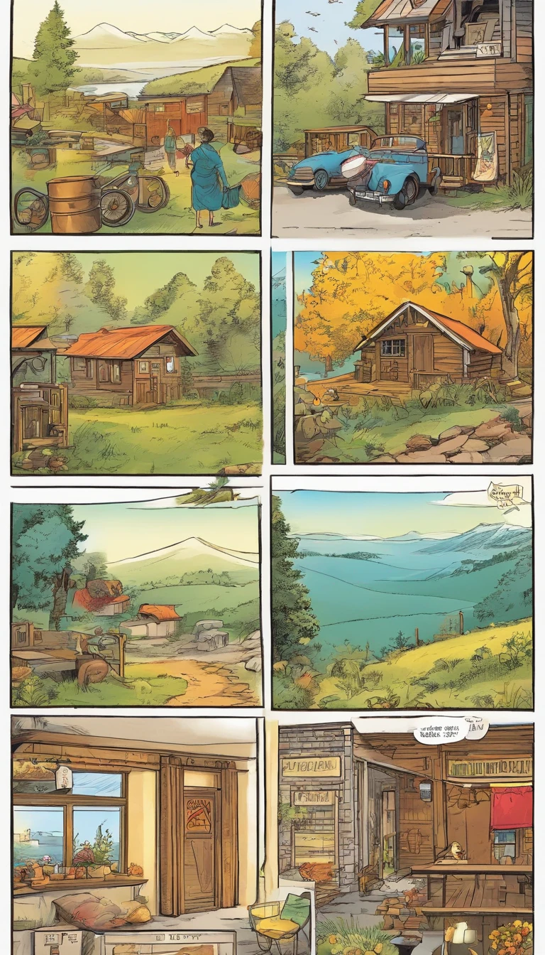 American comics, The comic story is presented in multiple irregular colored panels.((Comic storyboard:1.8)), Describe village life, A day in the life of an ordinary person