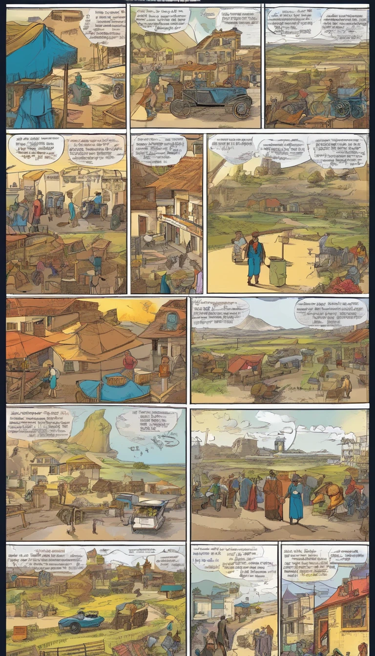 American comics, The comic story is presented in multiple irregular colored panels.((Comic storyboard:1.8)), Describe village life, A day in the life of an ordinary person