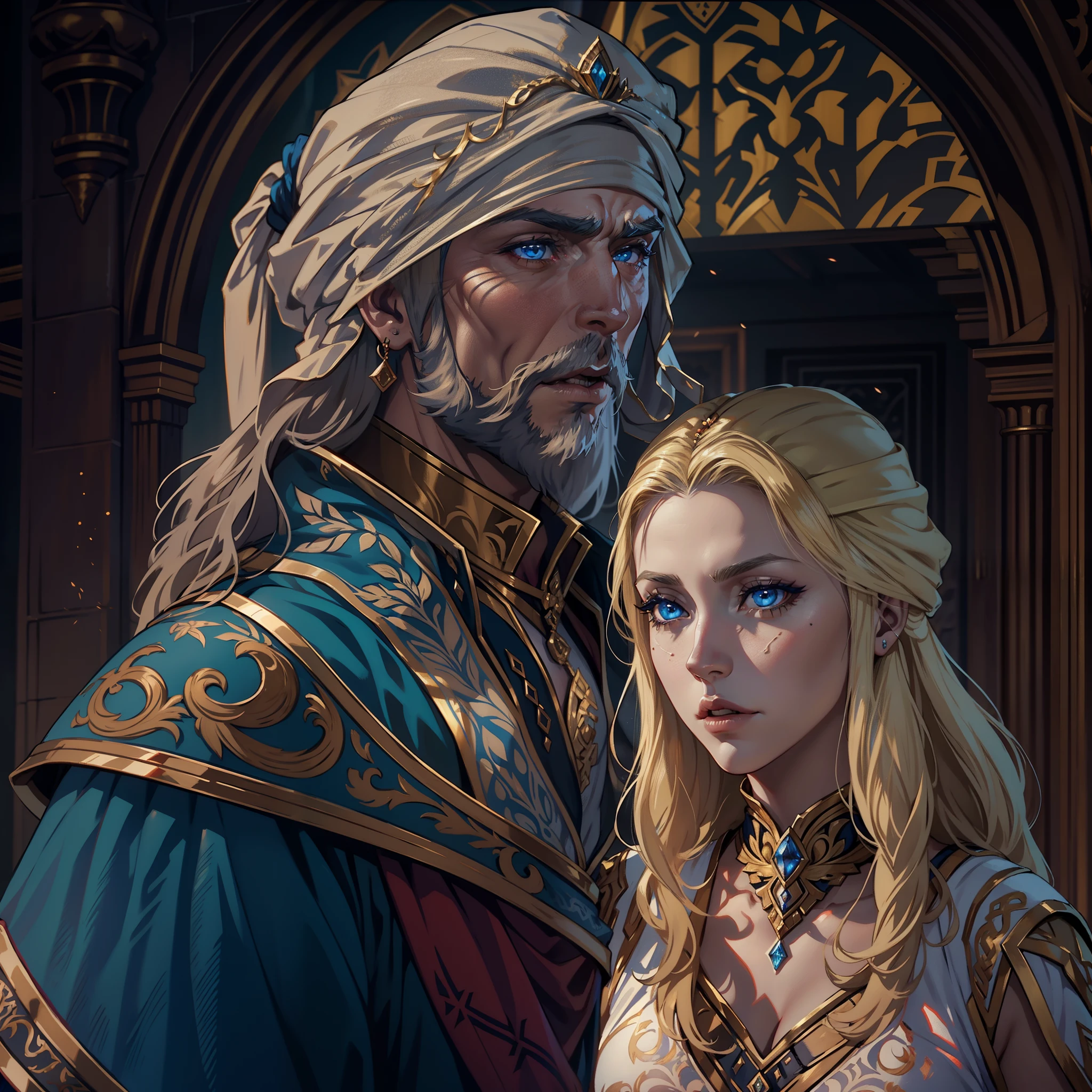 Castlevania Lord of the Shadows hyper realistic super detailed Very beautiful European princess Blue eyes and blond hair with Moroccan outfit arguing with her father old man with long beard the king wearing legendary royal turban hyper realistic super detailed dynamic shot centerpiece cinematic scenes movie