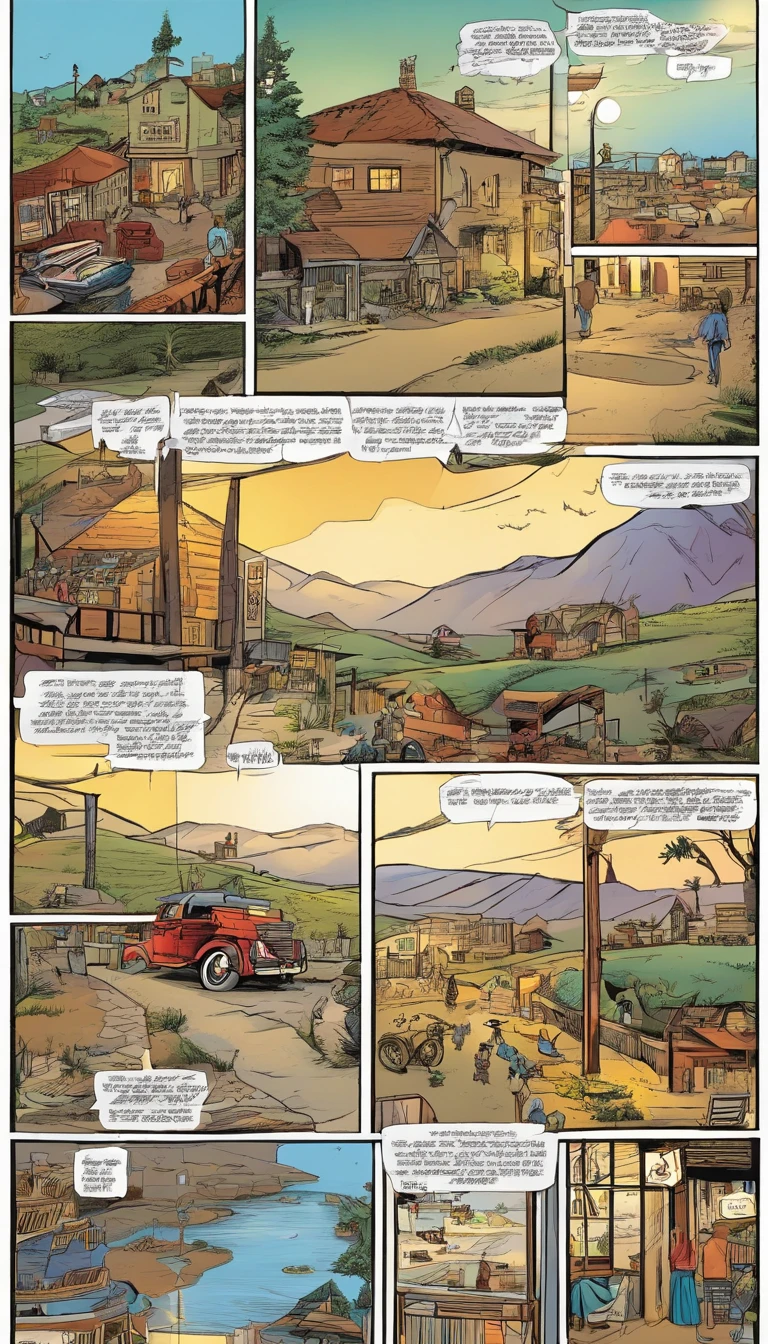 American comics, The comic story is presented in multiple irregular colored panels.((Comic storyboard:1.8)), Describe village life, A day in the life of an ordinary person, The style is extremely exaggerated and meticulous