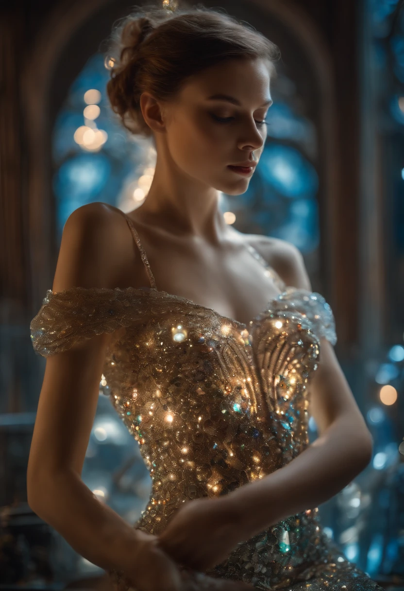 8K, hyper photorealism,photorealistic paintings, Studio quality, Delicate micromechanical translucent ballerina glass full body standing on a luminous pedestal , sparkle eyes, , mechanicalparts, Light-emitting diodes emit light , Scaly gelatinous mosaic armor, Translucent glass skin , Intricate , 1.8 Canon 100mm F2.8 background old steampunk toy store, Dust, Night texture