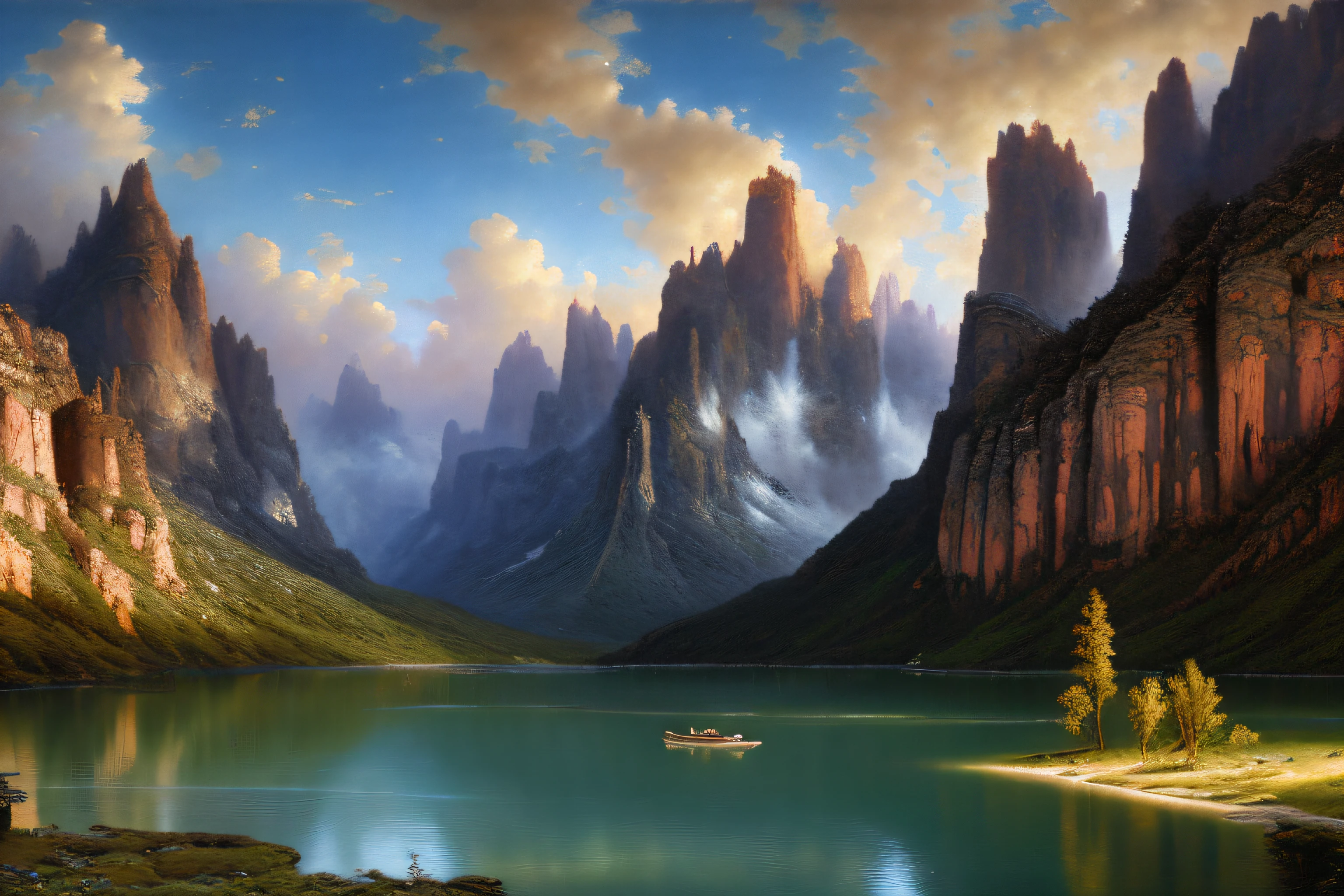 Paysage magique,Mysterious ,(Highly detailed CG Unit 8k wallpaper), The most beautiful work of art in the world, Professional majestic oil painting, complexe, High detail, mise au point nette, dramatique, Art of photorealist painting, Alma Tadema