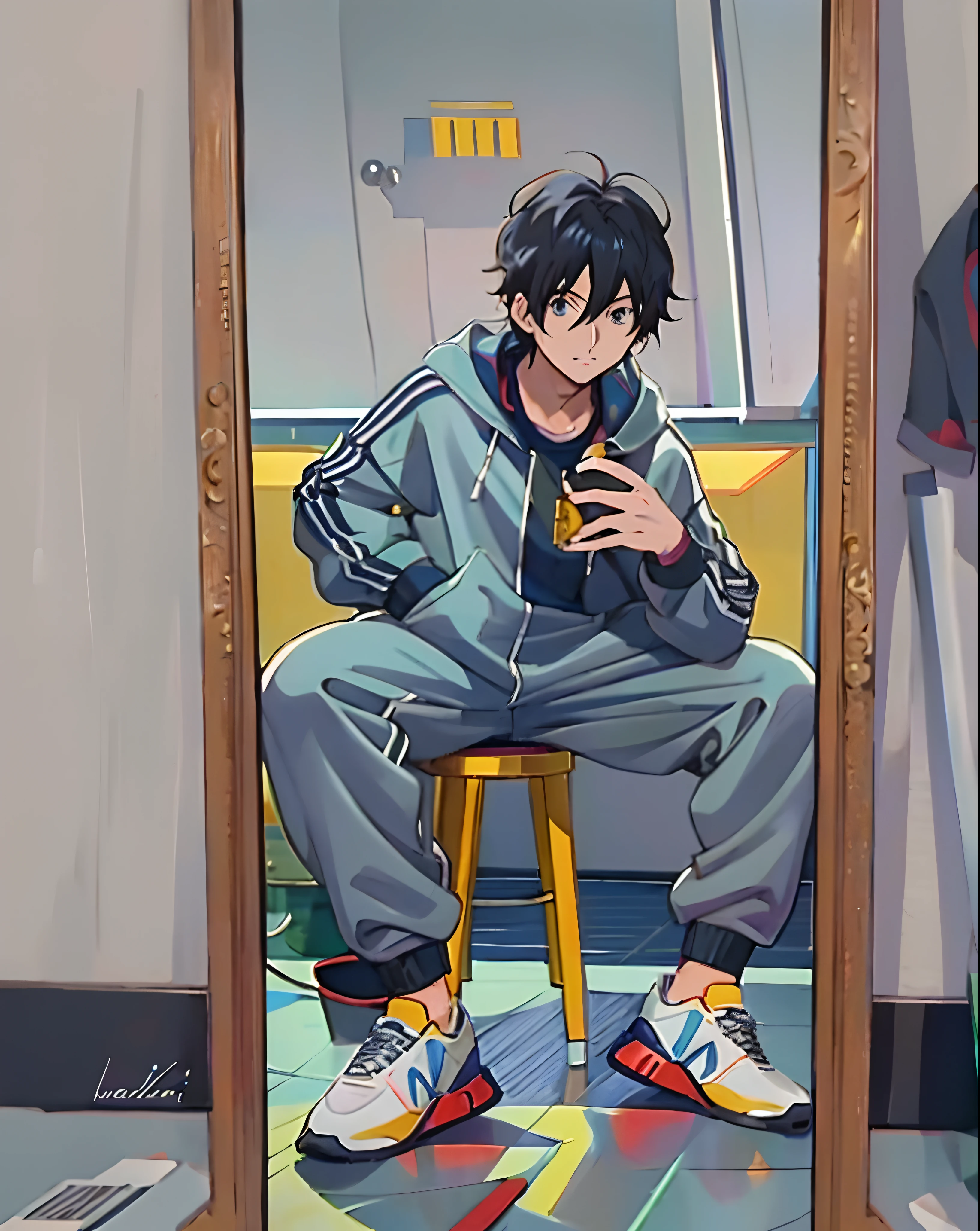 anime - style picture of a guy sitting on a stool in front of a mirror, anime moe artstyle, in an anime style, anime artstyle, high quality anime artstyle, in anime style, wearing a tracksuit, anime art style, kentaro miura art style, in the art style of 8 0 s anime, wearing a track suit, detailed fanart