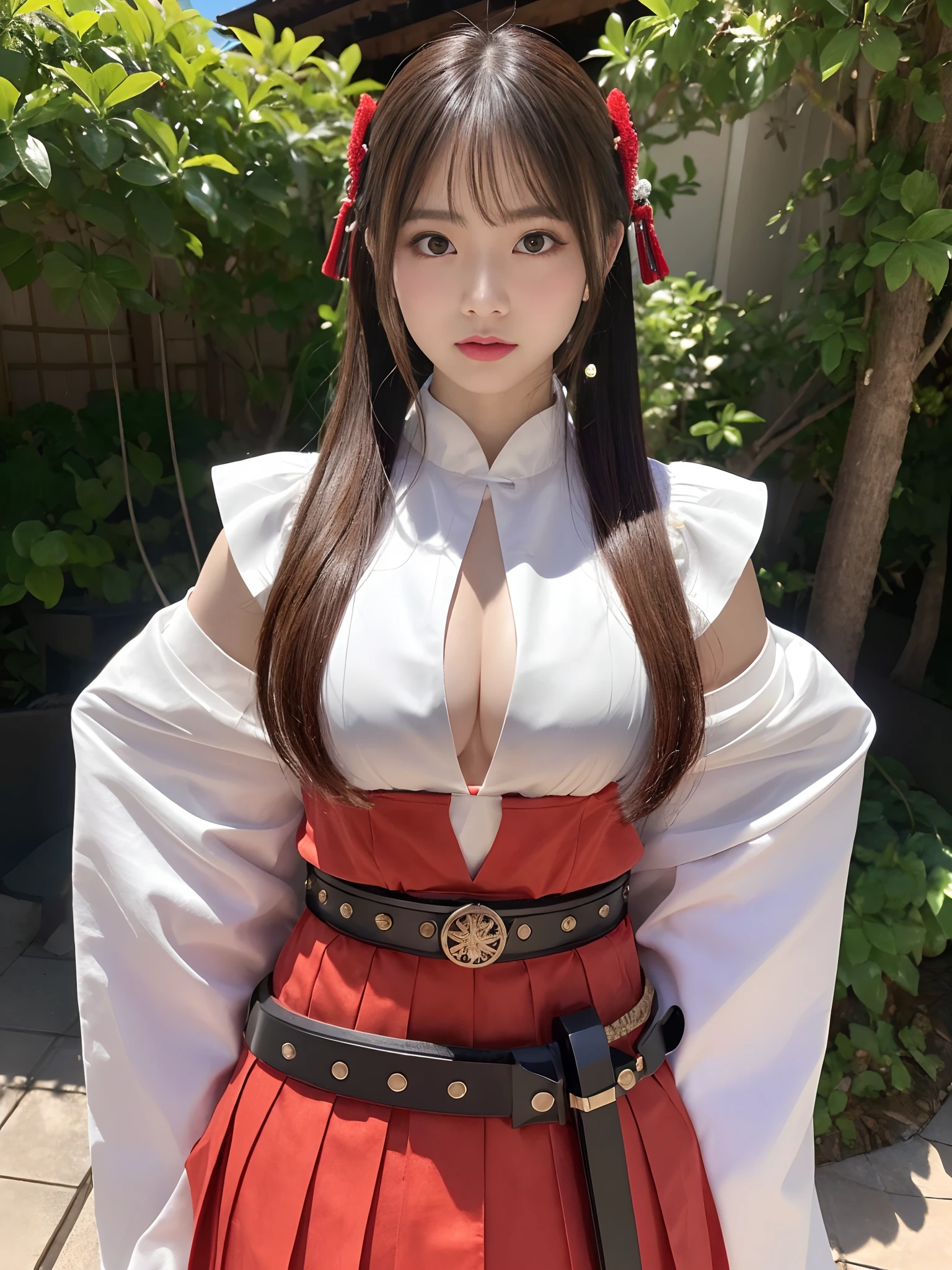 １Male Female Samurai((top-quality、8K、​masterpiece:1.3))、full body Esbian、focus clear:1.2、Excellent style:1.4、masuter piece、(Realisticity: 1.2)、(Photorealsitic:1.3)、
realisitic、realisticlying、Raw foto、hyperdetailed face（Long ponytail、cool expression）、hyper detailed background（loimu）、Ultra-detailed costumes（a miniskirt、Samurai-style clothing）、hyperdetailed body（Moderately breasts、）、super-detaild skin　、Knives 、Valley 、breastsout 、Transparent