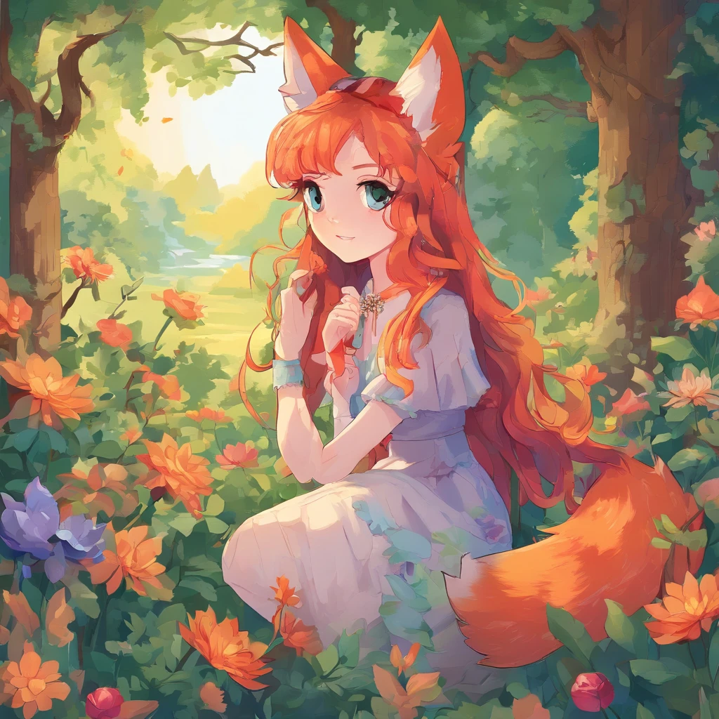 a girl with fox ears, beautiful detailed eyes, beautiful detailed lips, long eyelashes, flowing red hair, wearing a cute dress, surrounded by colorful flowers and trees, in a magical forest, with sunlight filtering through the leaves, creating a dreamy atmosphere, painted in watercolor style, with vibrant colors and soft brush strokes, high contrast and sharp focus, creating a visually striking and captivating image. (best quality, 4k, highres, masterpiece:1.2), ultra-detailed, realistic, portraits, vibrant colors, watercolor painting, dreamy atmosphere